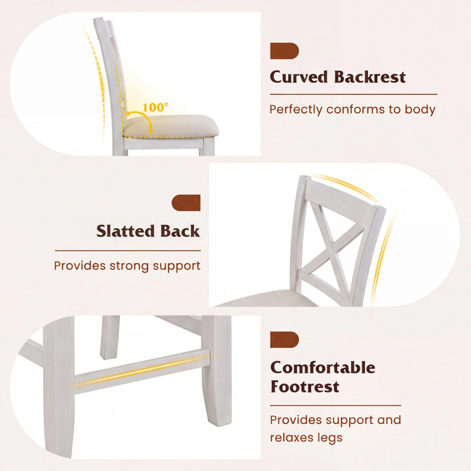 SUGIFT Modern Farmhouse Counter Height Stools Curved Slatted Back & Footrest 330-Lb Capacity 24-in Seat Height White