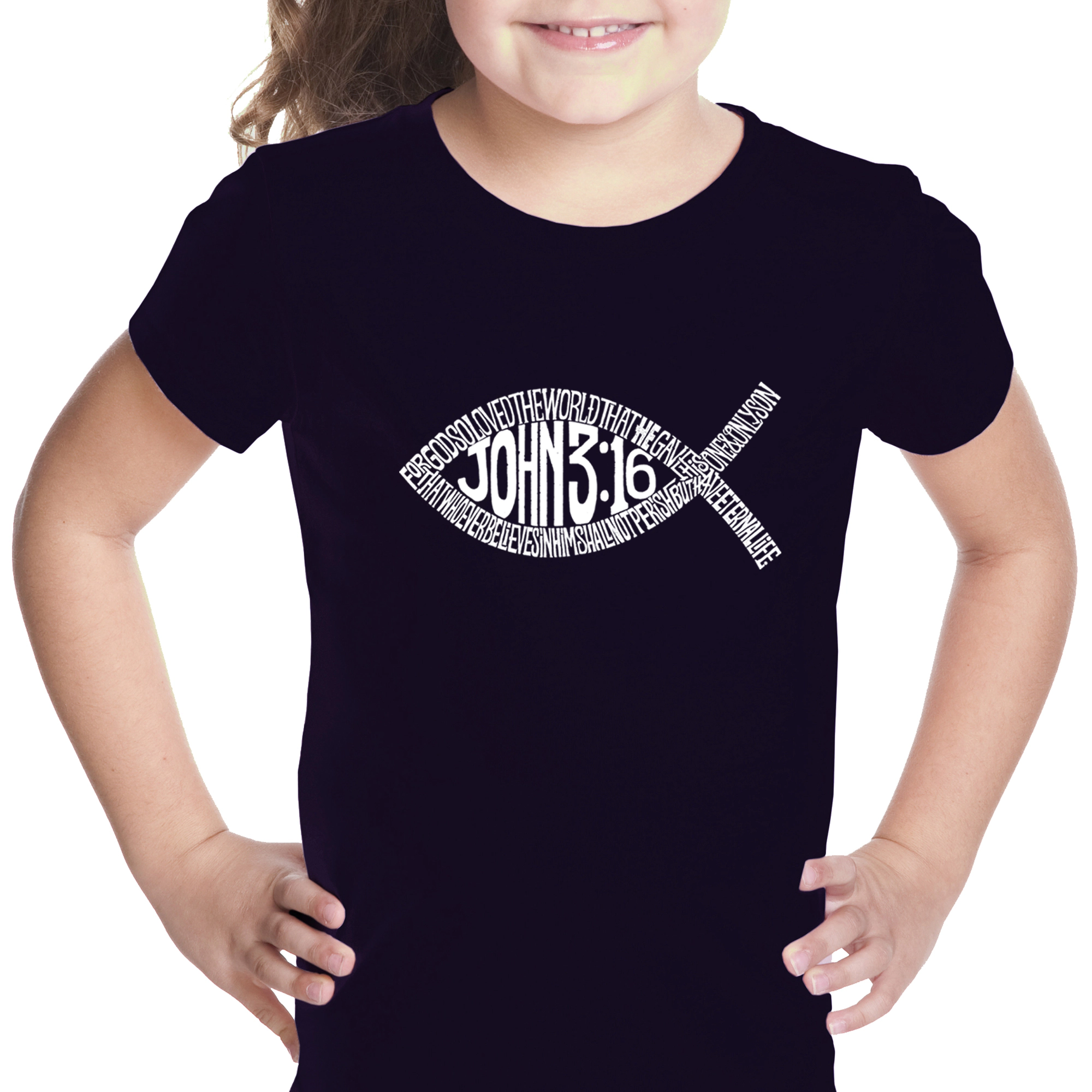 LA Pop Art Girls Word T-Shirt - John 3:16 Fish Symbol