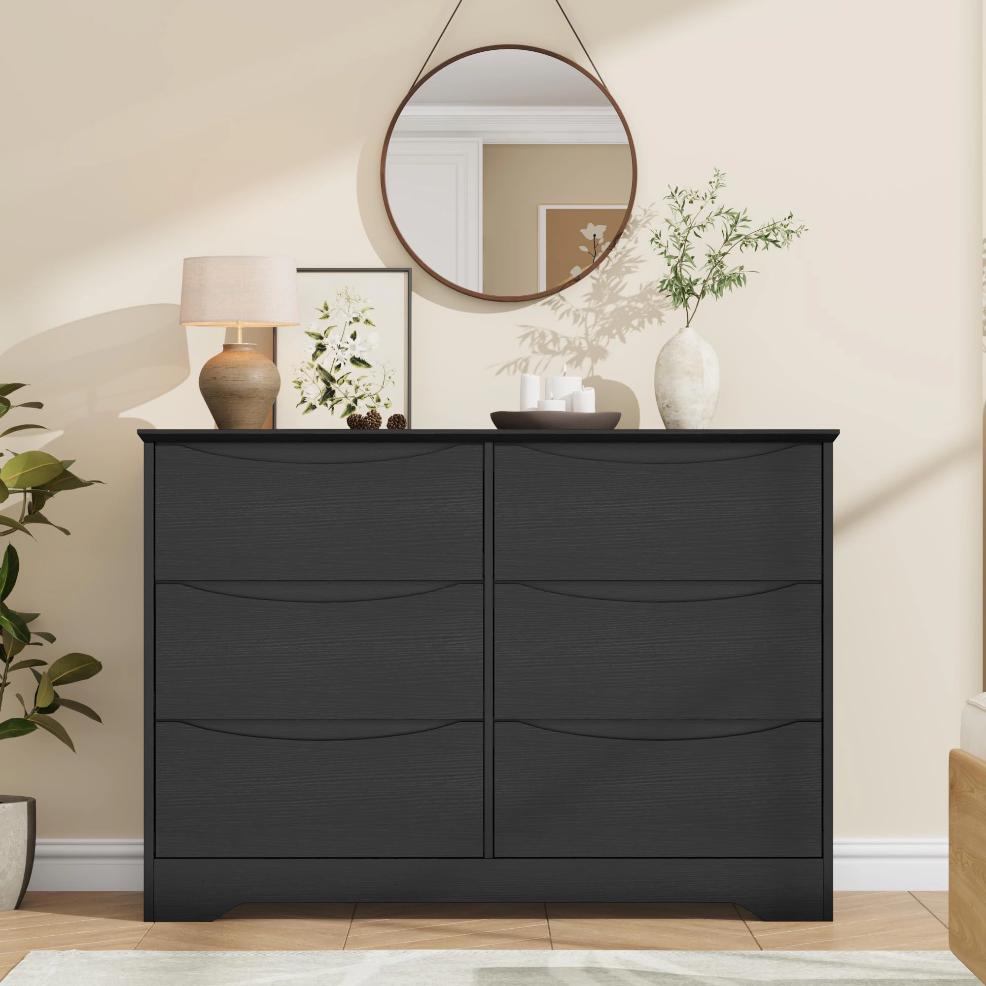 6 Drawer Modern Dresser with Hidden Handles, 47" Wide Large Double Storage Chest for Bedroom Living Room Hallway