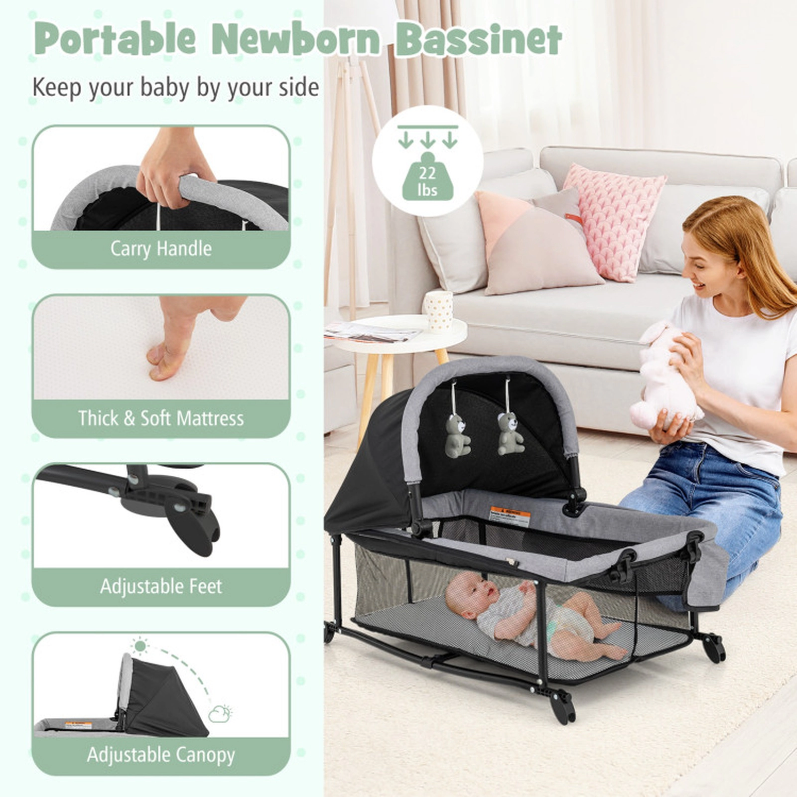 SUGIFT Baby 5-in-1 Removable Cradle Changing Table Storage Basket Playard 43.5-in x 31-in x 31-in 33-lb Capacity Black