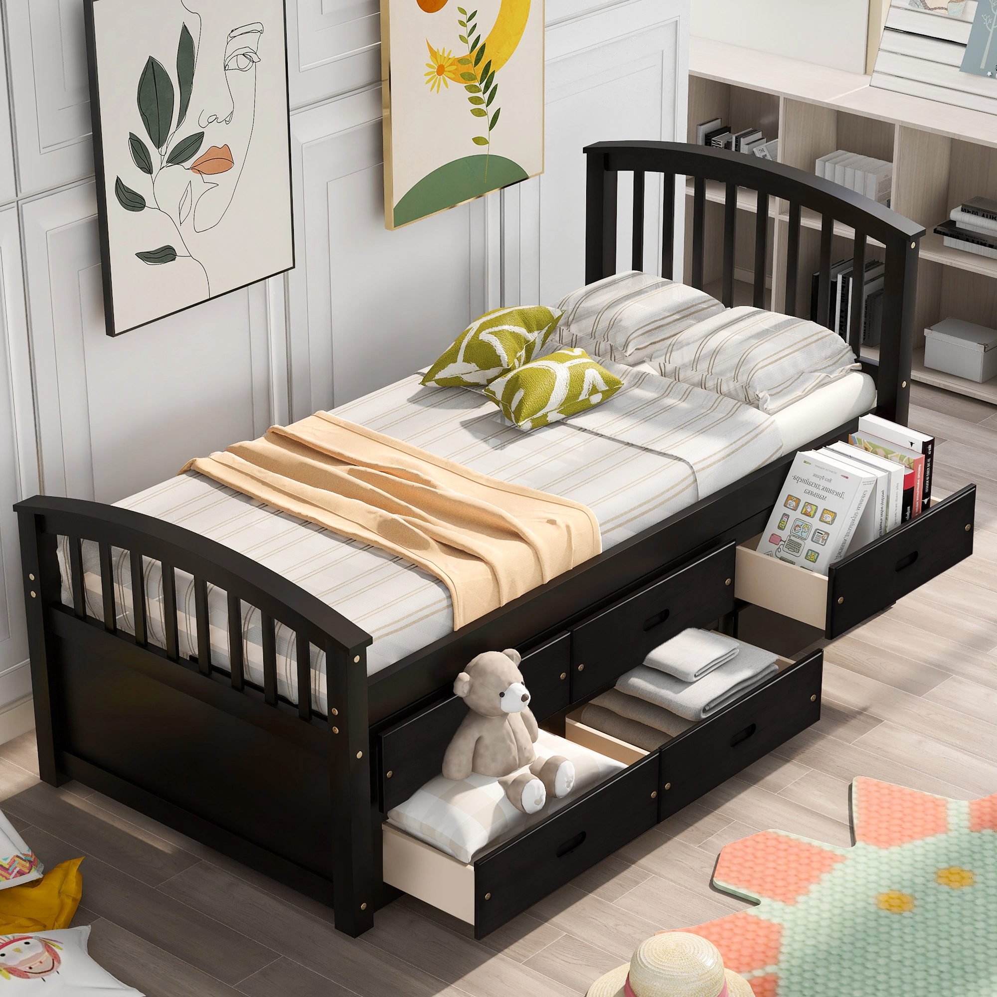 Flynama Twin Solid Wood Platform Storage Bed with Six Drawers (Orisfur)