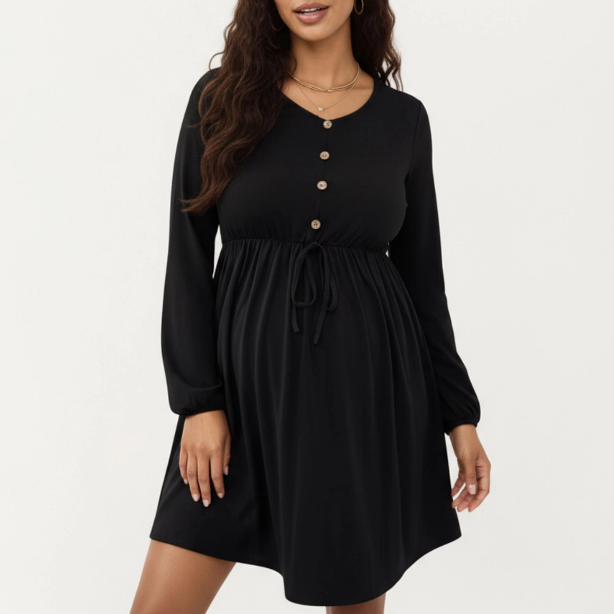 Anna-Kaci Women's Button Front Accents Adjustable Drawstring Empire Waist Silhouette Maternity Dress