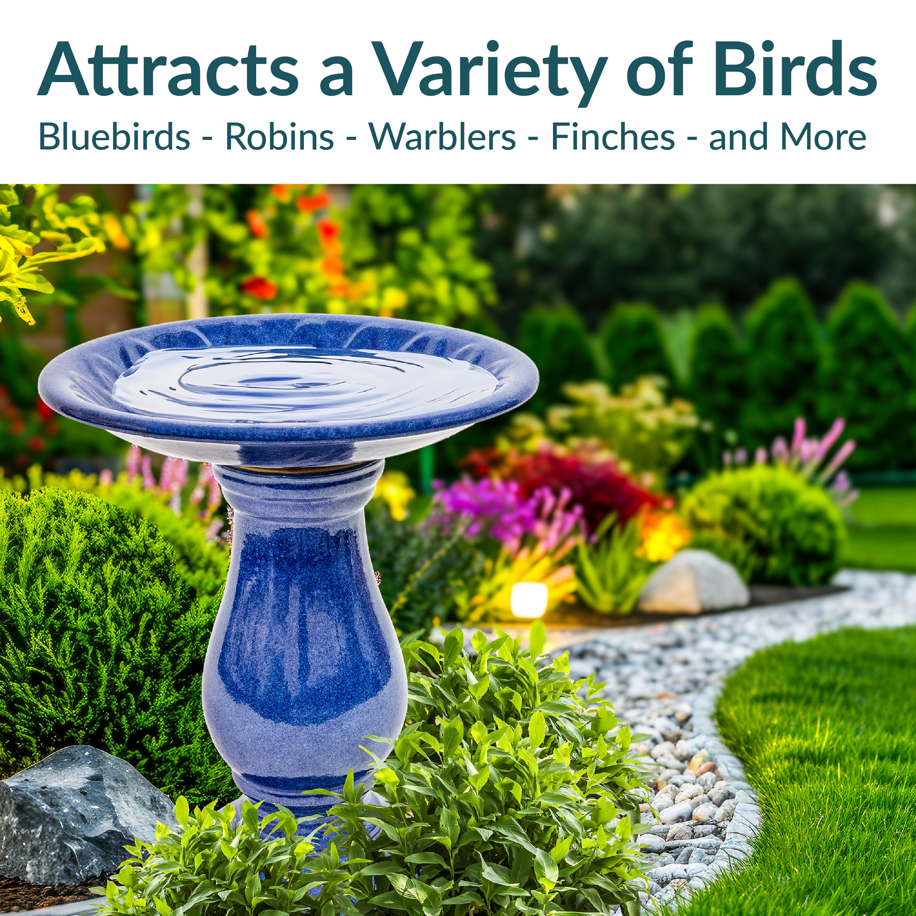 Sunnydaze Daisy Embossed Ceramic Bird Bath for Outside, 21.5” H, Blue