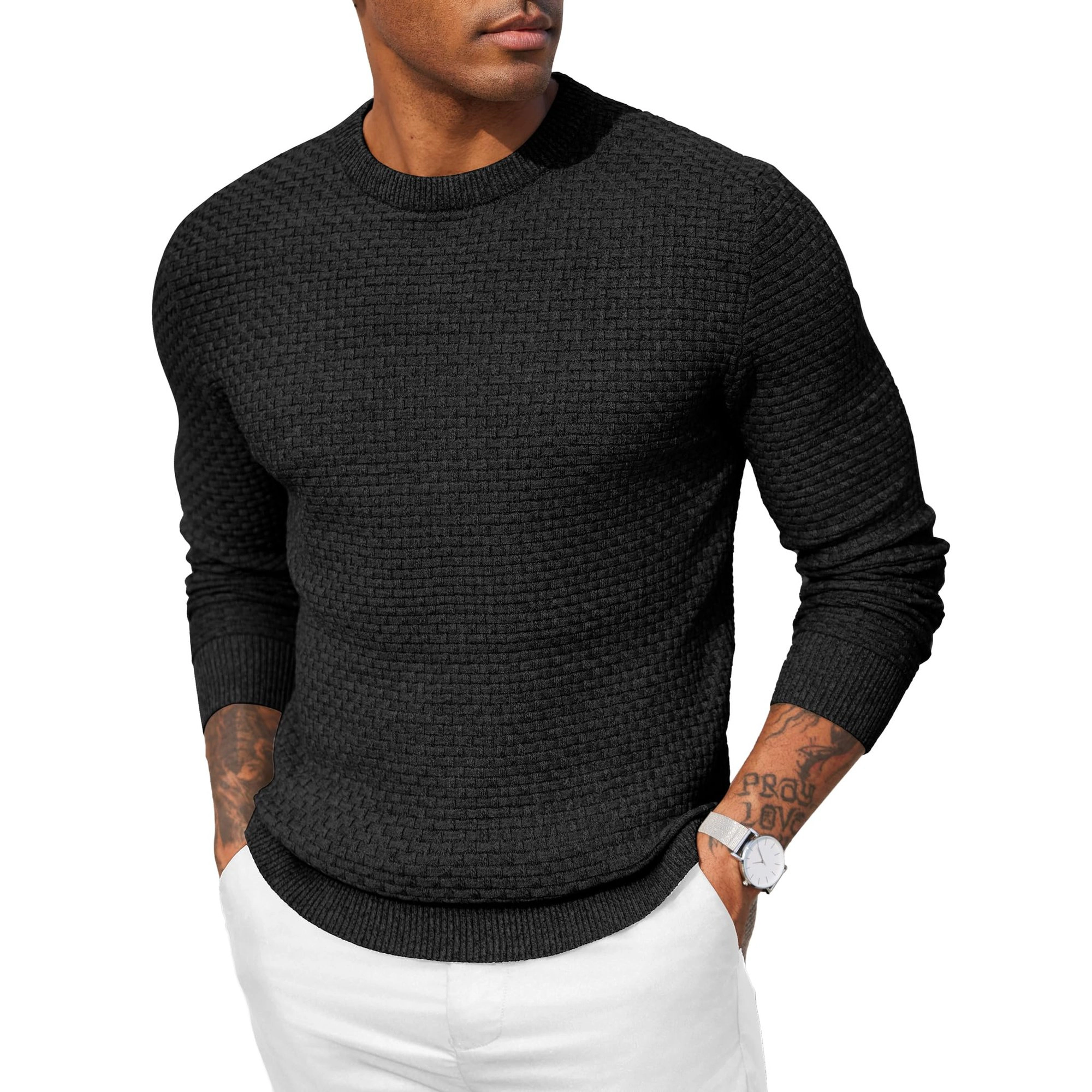 COOFANDY Mens Textured Long Sleeve Sweater Fall Crew Neck Casual Pullover Tops