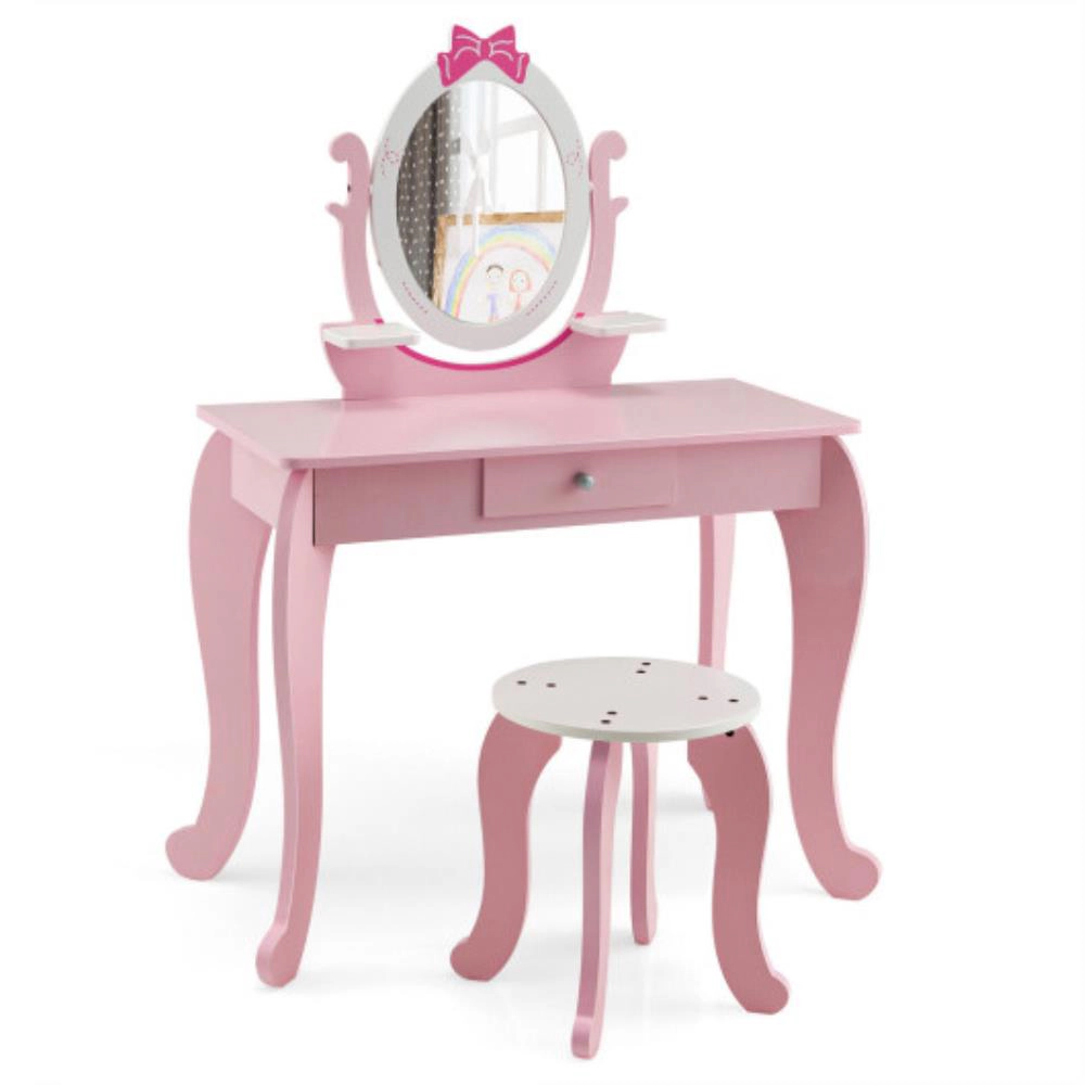 Hivvago Kid Vanity Table Stool Set With Oval Rotatable Mirror-Pink