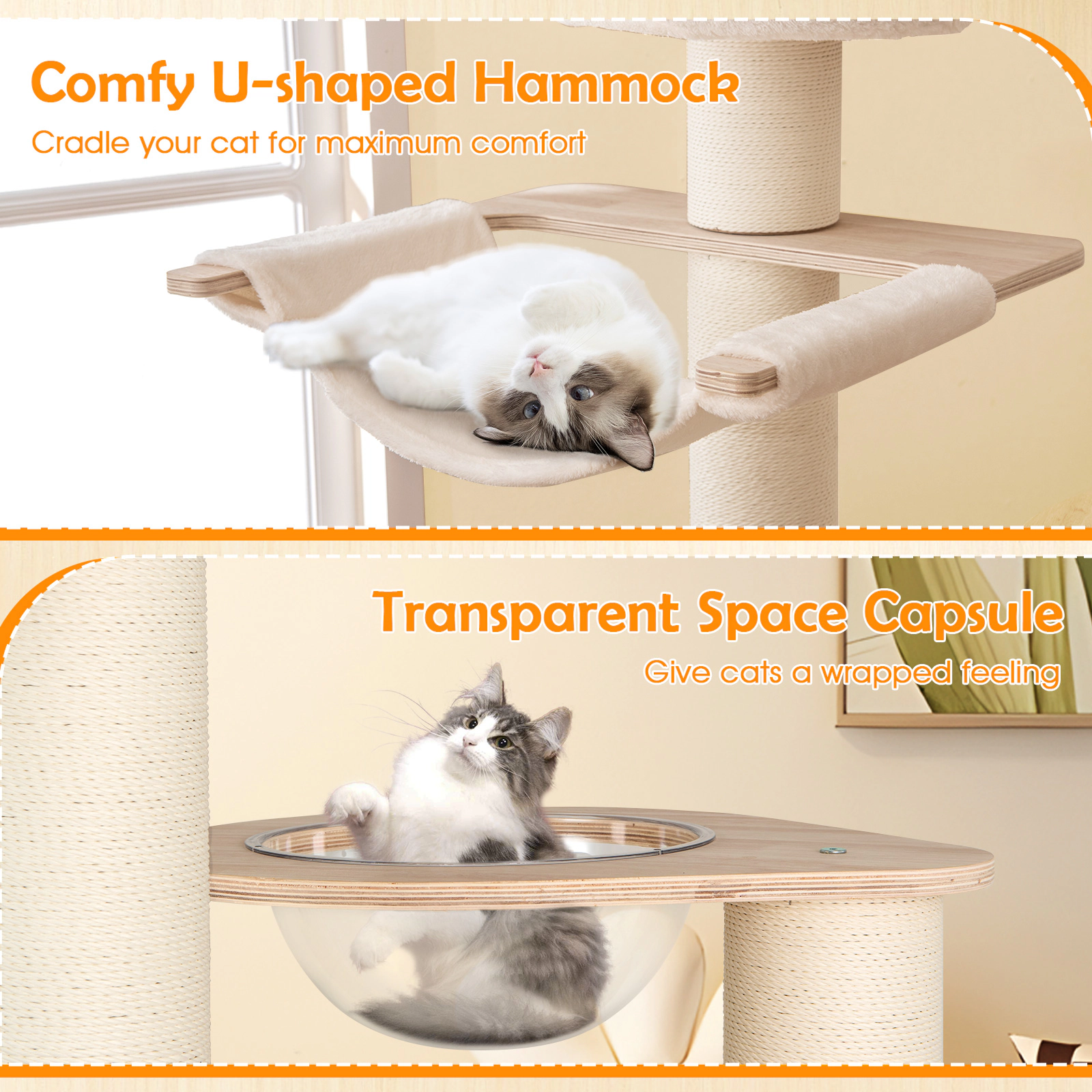 SUGIFT 69-in Cat Tree for Large Indoor Cats with Space Capsule U-Shaped Hammock Round Condo and Perch