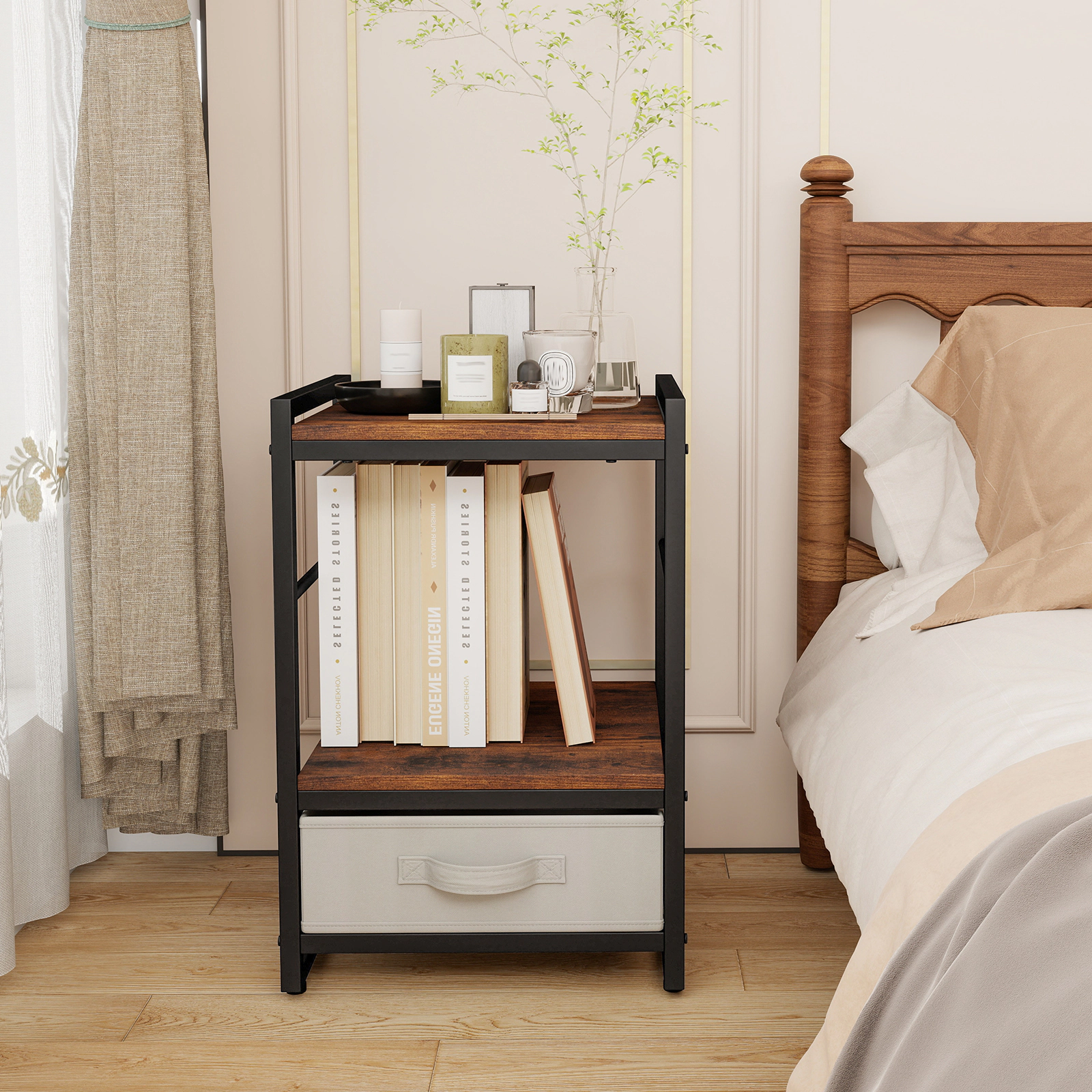 SUGIFT 24-Inch Rustic Brown Industrial Nightstand with Open Shelf, Fabric Drawer and Guardrails