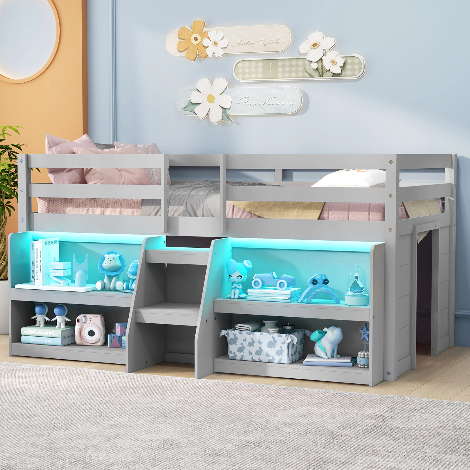 SUGIFT Twin Low Loft Bed with LED Lights, Staircase, Guardrail and Bookshelves, Gray