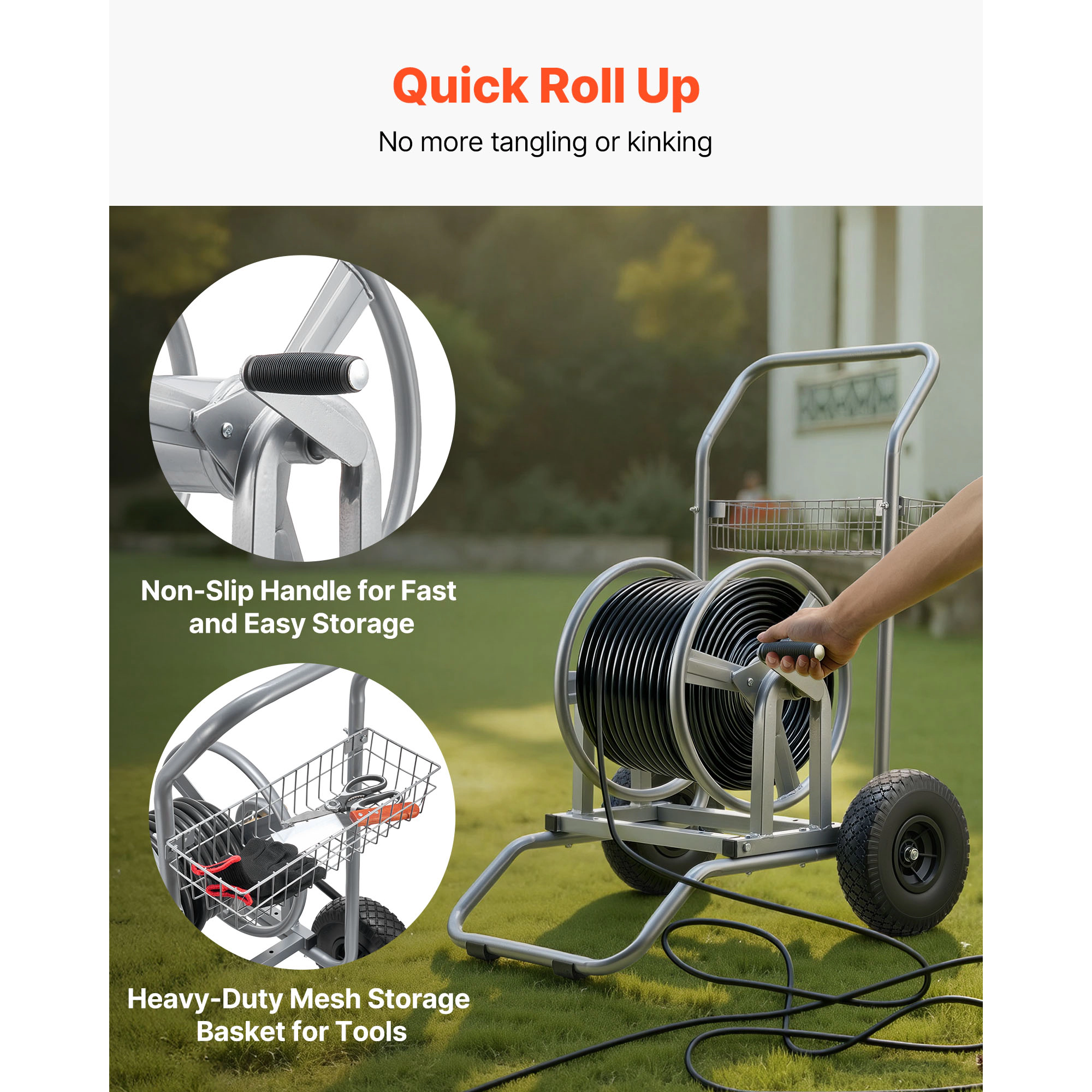 HONGGE Heavy-Duty Garden Hose Reel Cart with Two Wheels, Handle & Mesh Storage Basket, Portable for Garden Car