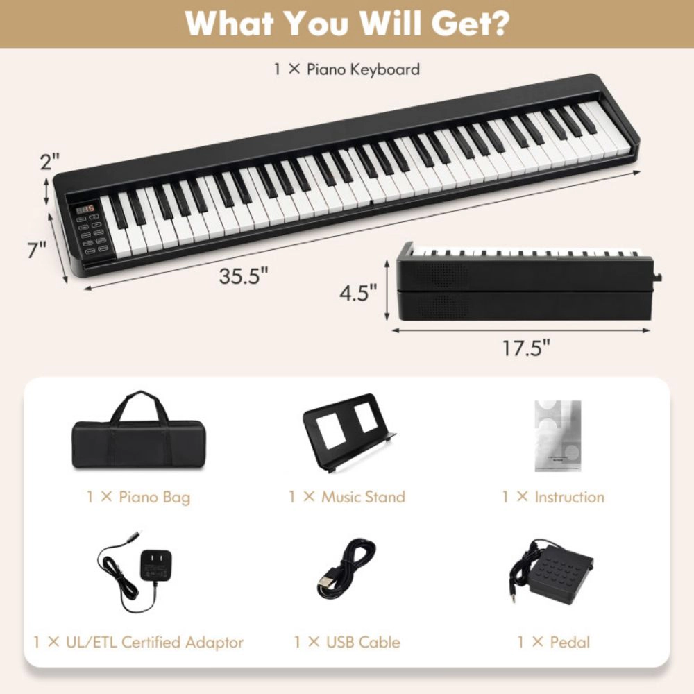 SUGIFT 61-Key Folding Piano Keyboard with Full Size Keys and Music Stand 35.5-in Unfolded 17.5-in Folded Ages 3+ Black