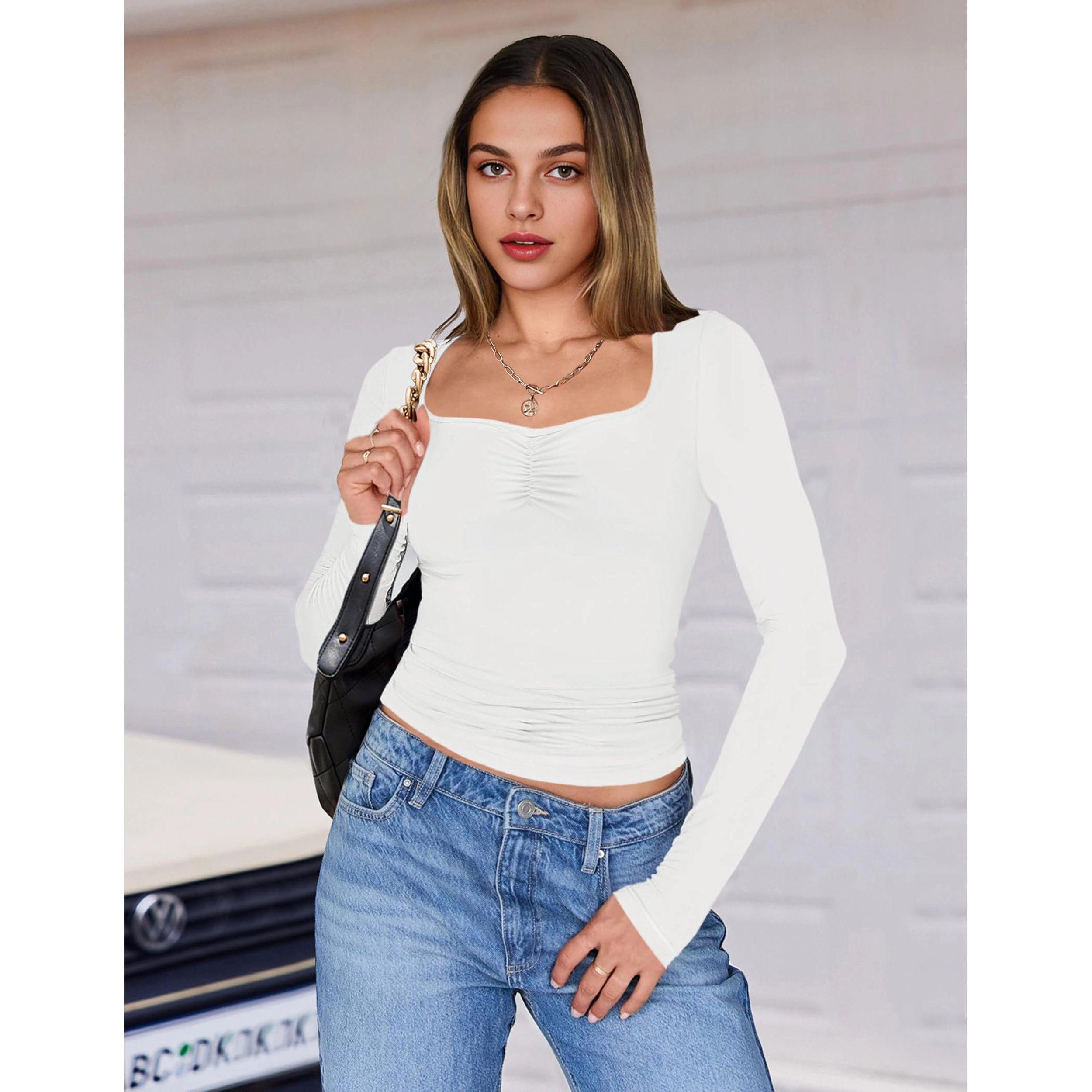 Ekouaer Women's Square Neck Long Sleeve Ruched Slim Fit T-Shirt
