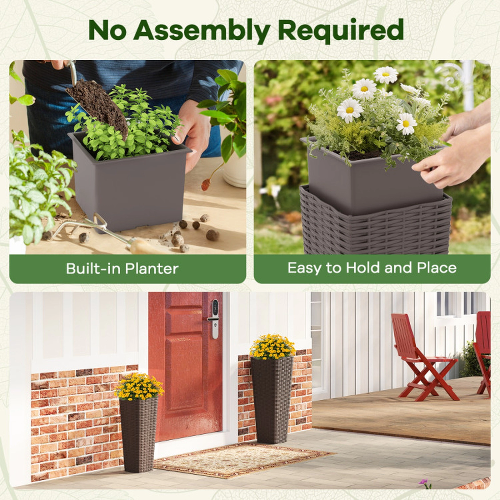 SUGIFT Set of 2 Rattan-Style Tall Tapered Planters with Inner Trays 32-in and 24-in Outdoor Flowerpots Black/Coffee