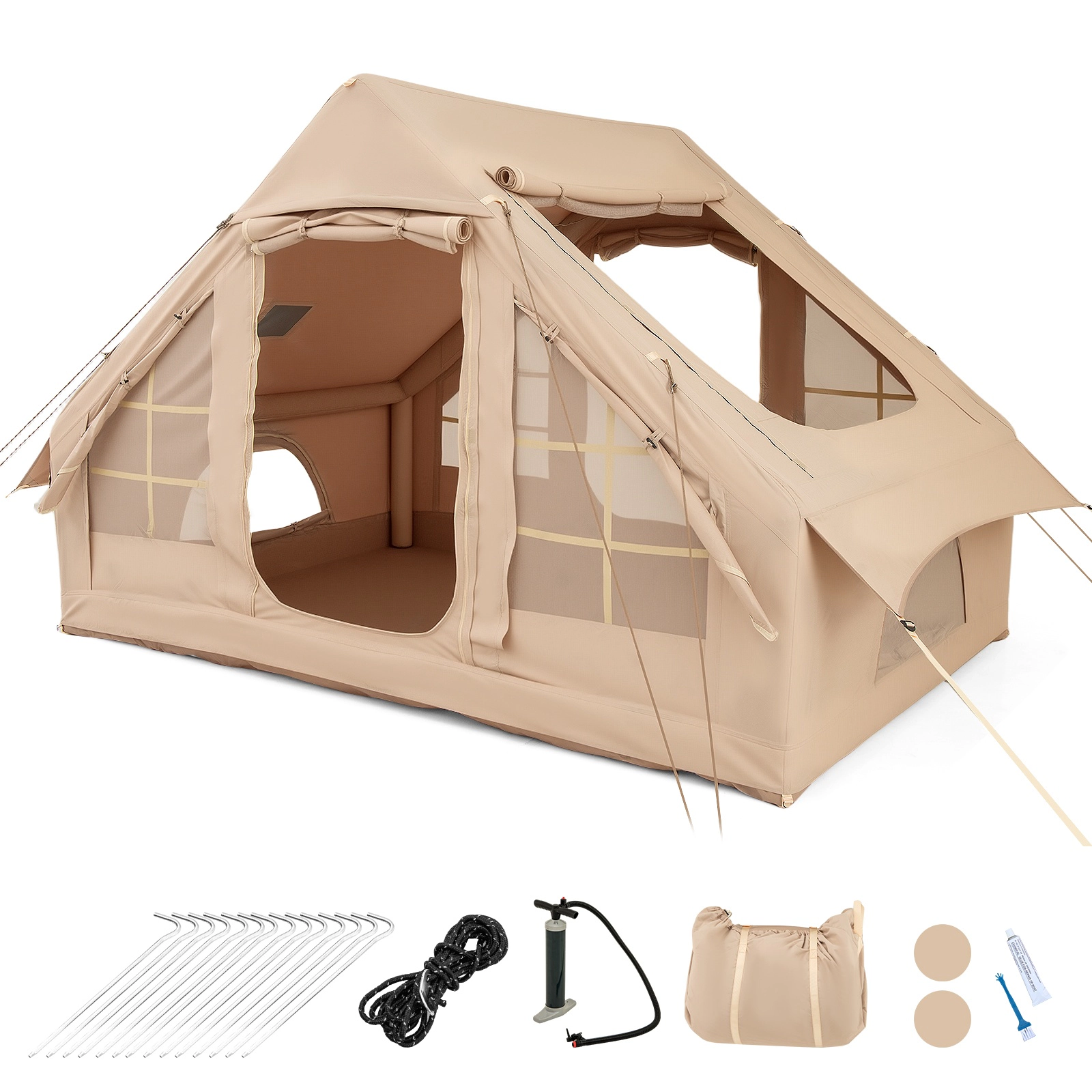 SUGIFT 4-6 Person Beige Inflatable Camping Tent with 4 Mesh Windows and 2 Doors 9.8-ft W 6.9-ft D 6.5-ft H