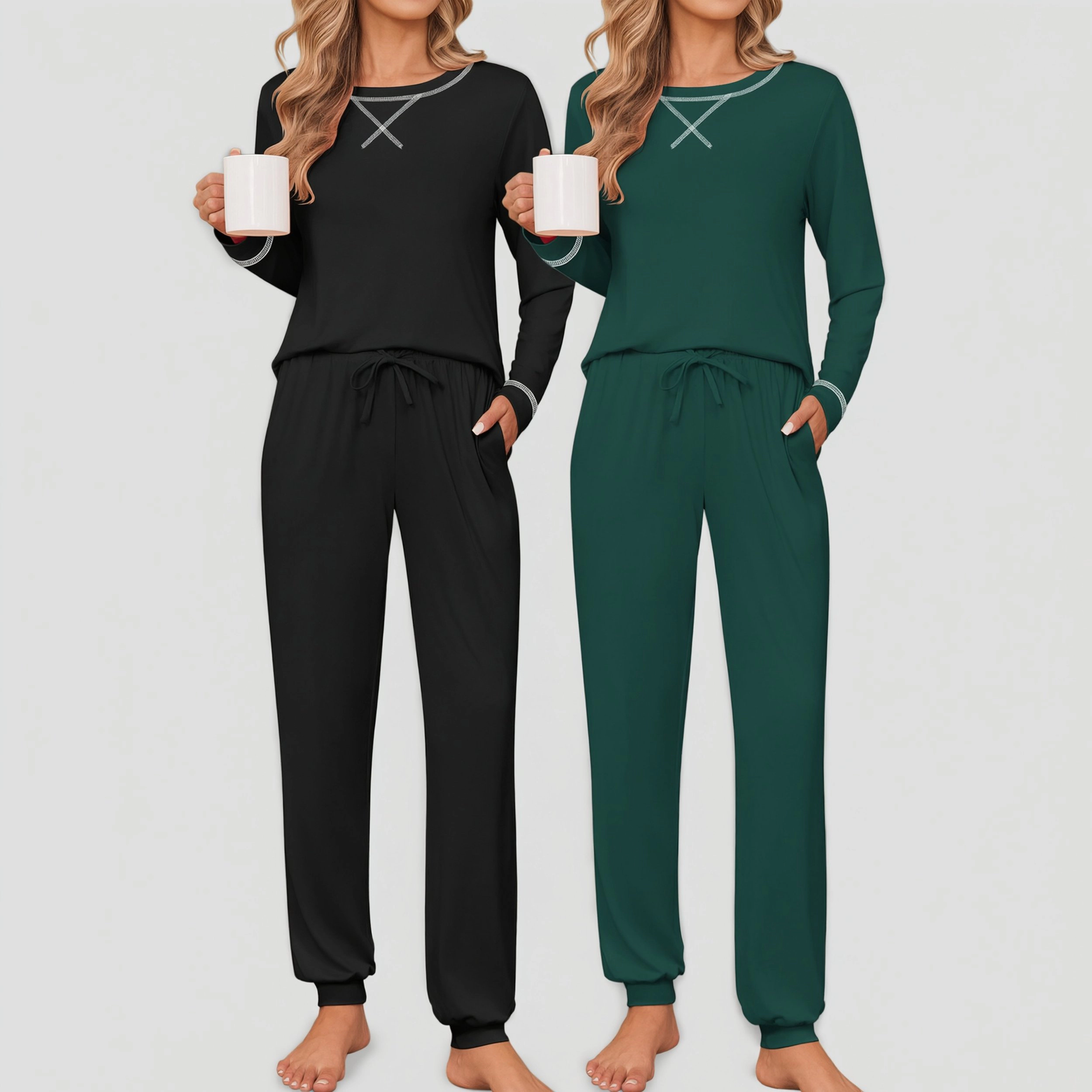Ekouaer Women's Crew Neck Long Sleeve 2 Piece Pajama Set with Pockets