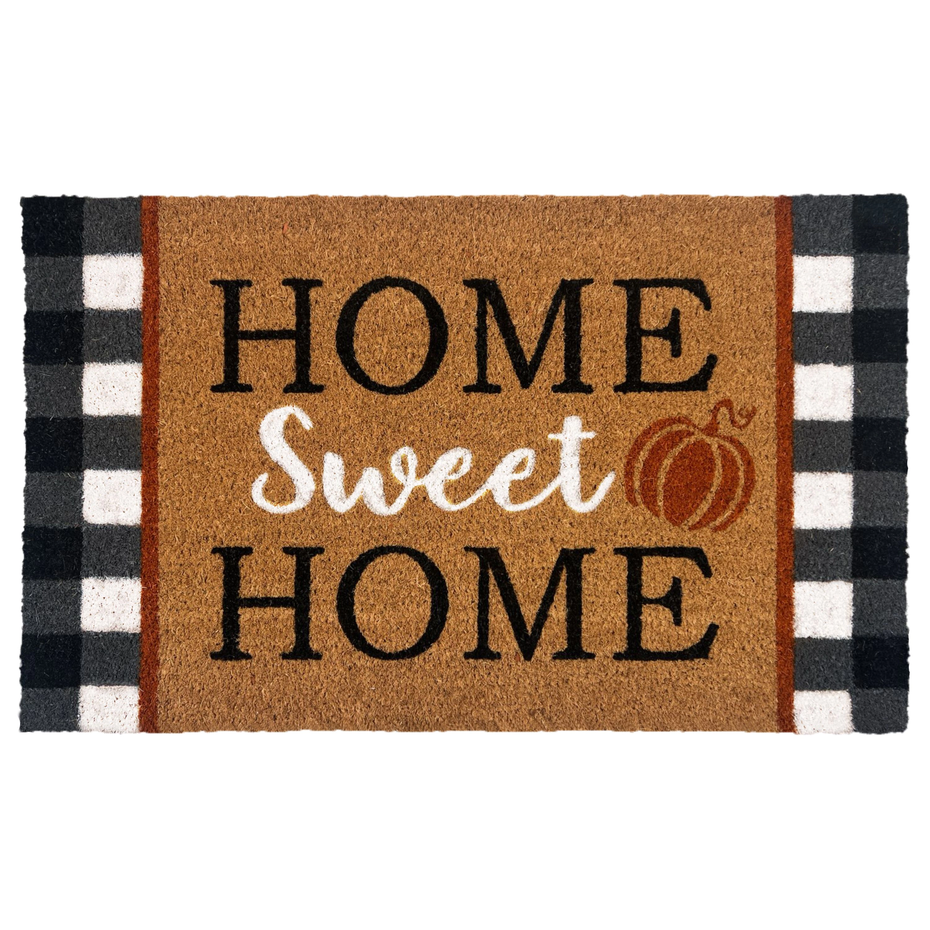 Kate Aurora Fall Autumn Plaid Home Sweet Home Pumpkin Bristled Outdoor All Season Welcome Mat - 18"x30"
