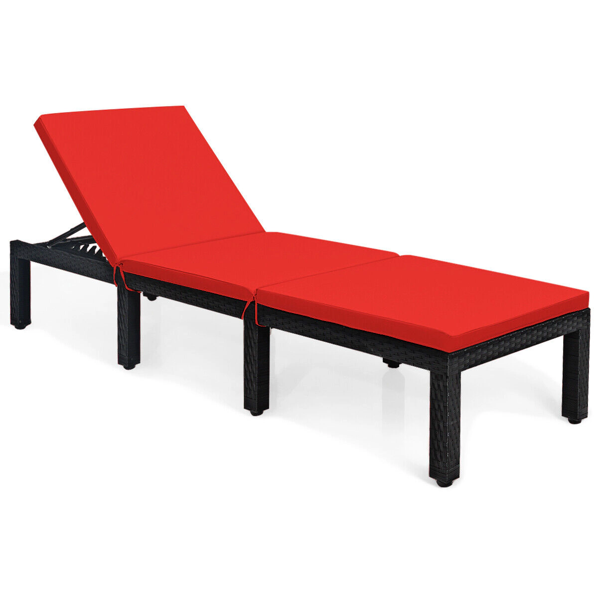 SUGIFT Patio Rattan Cushioned Height Adjustable Lounge Chair 355-Lb Capacity 77-in Long PE Rattan 2-in Cushion Red & Off