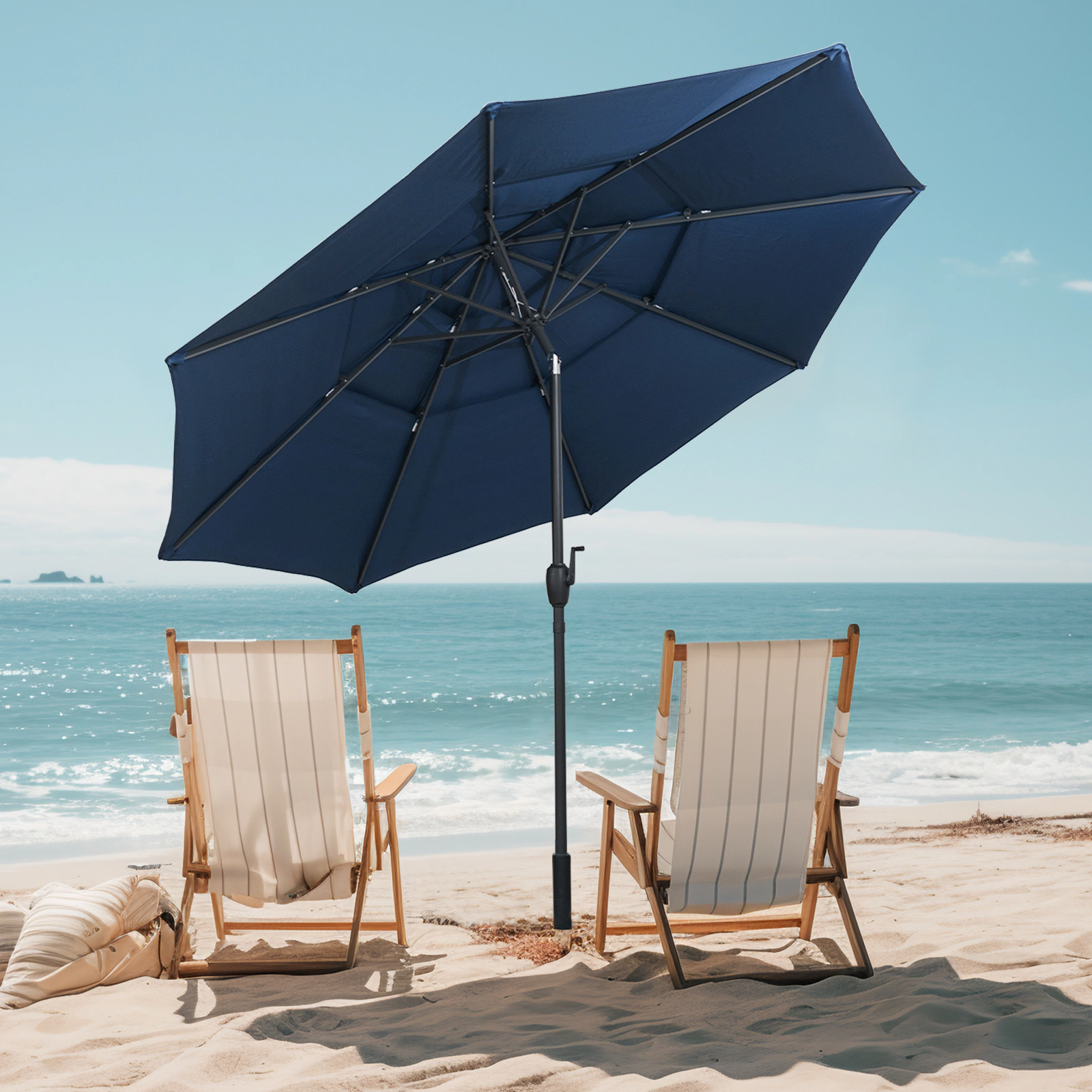 SUGIFT 10-ft Navy 3-Tier Vented Market Patio Umbrella with One-Button Tilt and 6.5-ft Rim Clearance