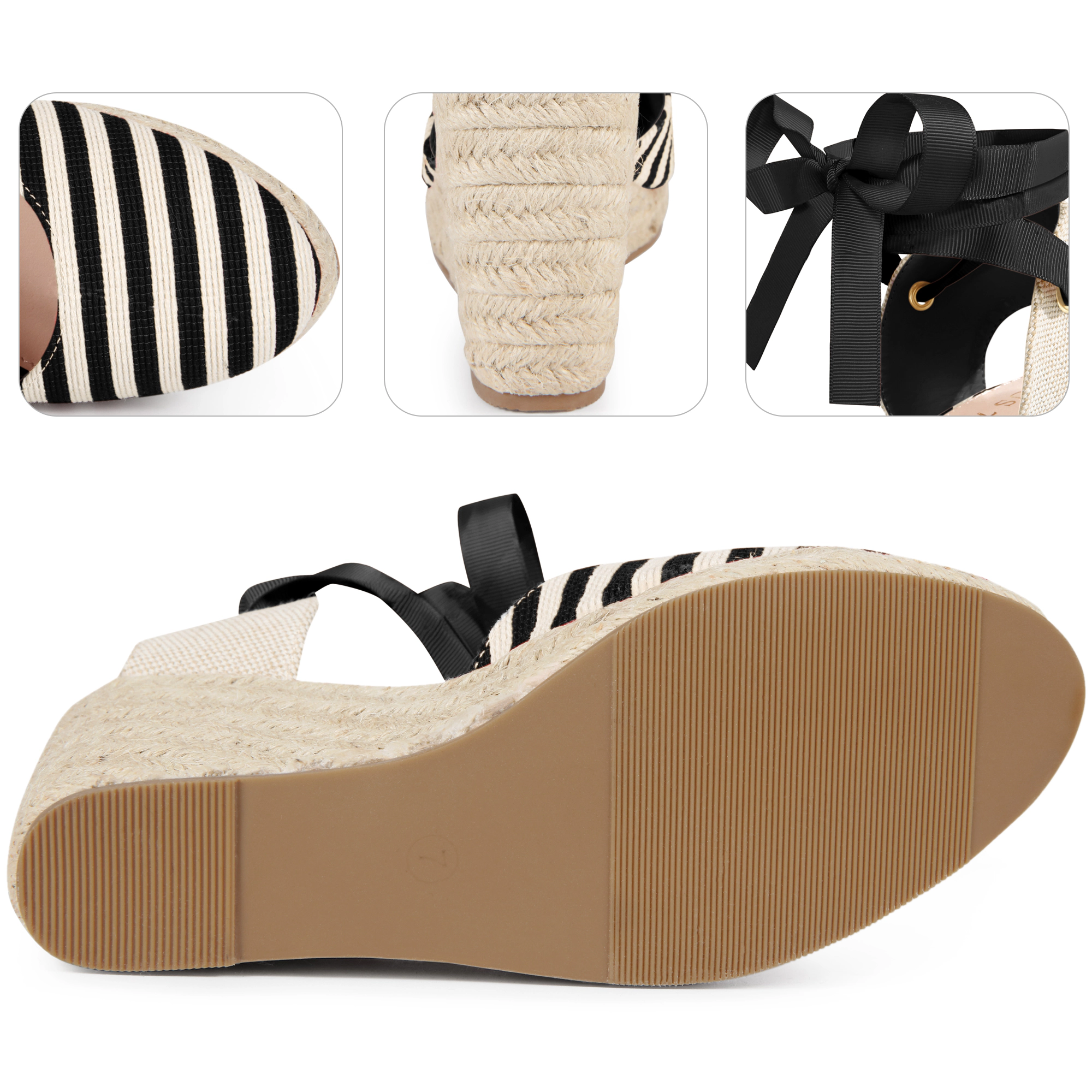 BLISSFUL STEP Women's Stripe Lace Up Low Platform Wedge Espadrilles Sandals