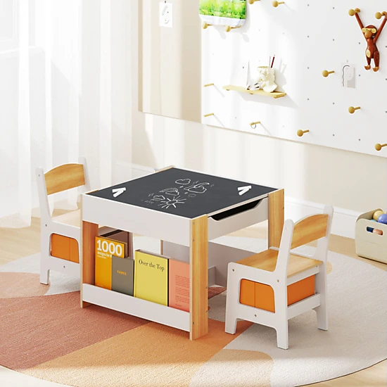 SUGIFT Natural Reversible Top and Fabric Bins Kids 4-in-1 Activity Table and 2 Chairs Set