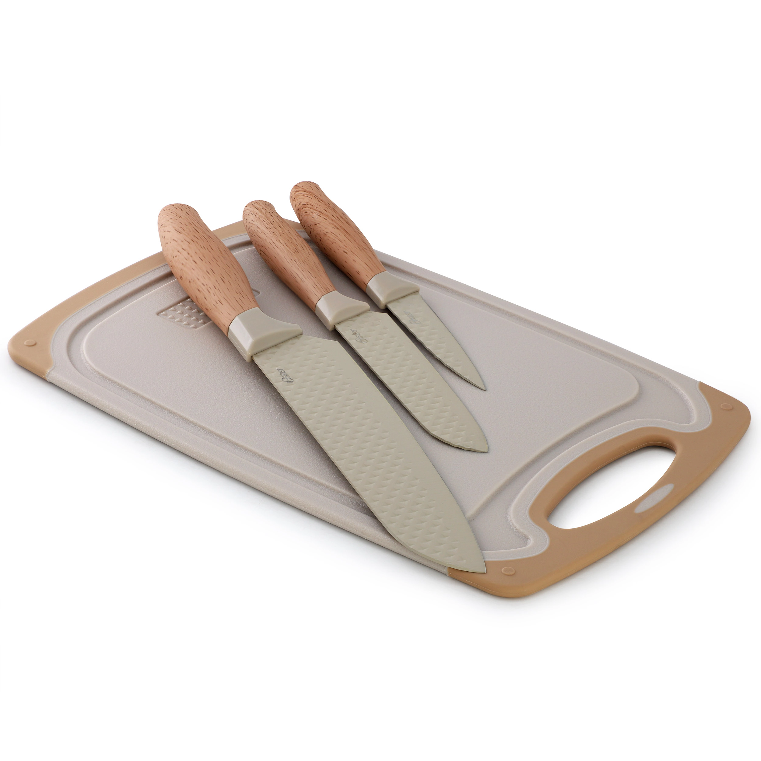 Oster Gunderson 4 Piece Stainless Steel Cutlery and Cutting Board Set in Brown