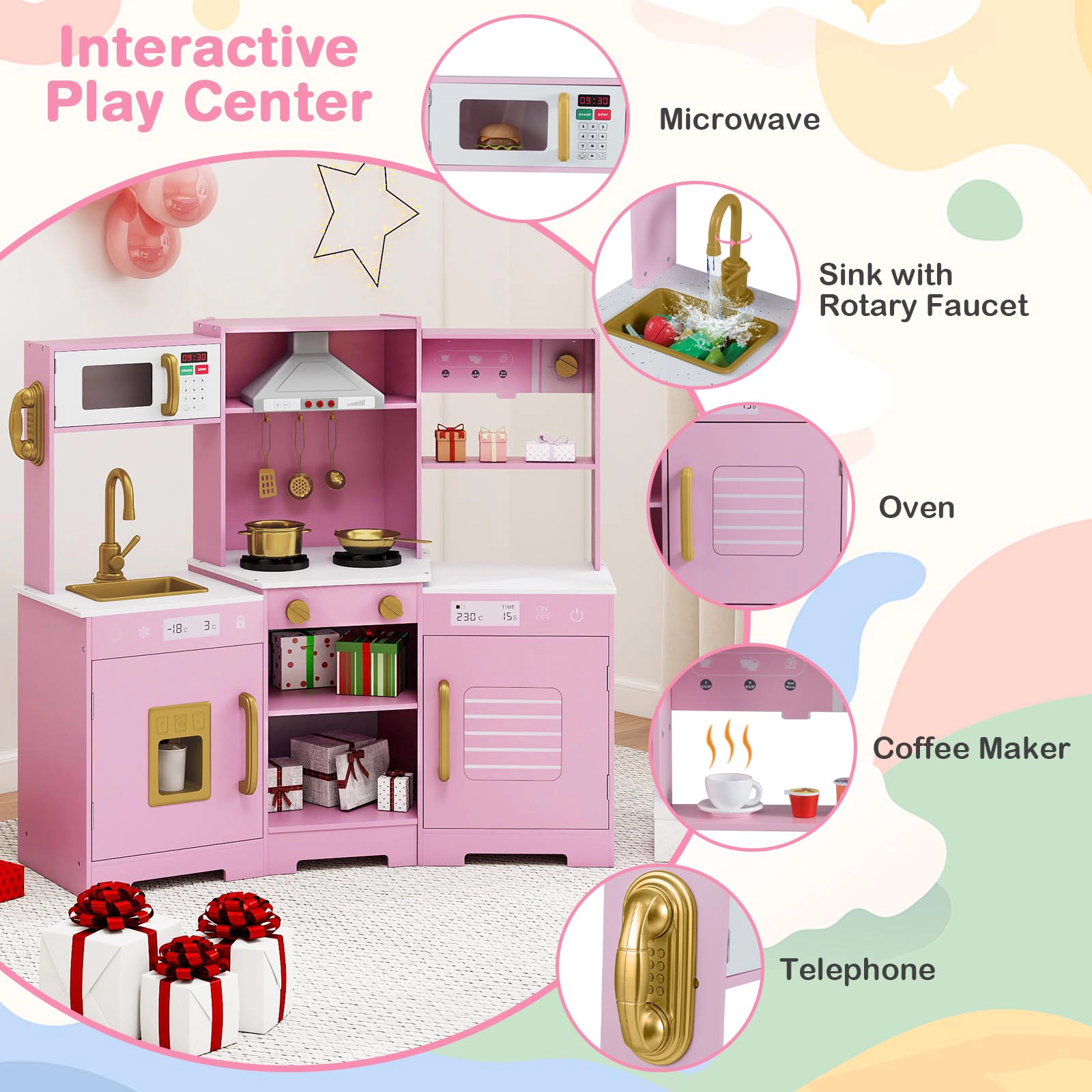 SUGIFT Pretend Play Kitchen Wooden Toy Set with Range Hood Real Sounds and Lights Pretend Kitchen Ages 3+ Brown/White