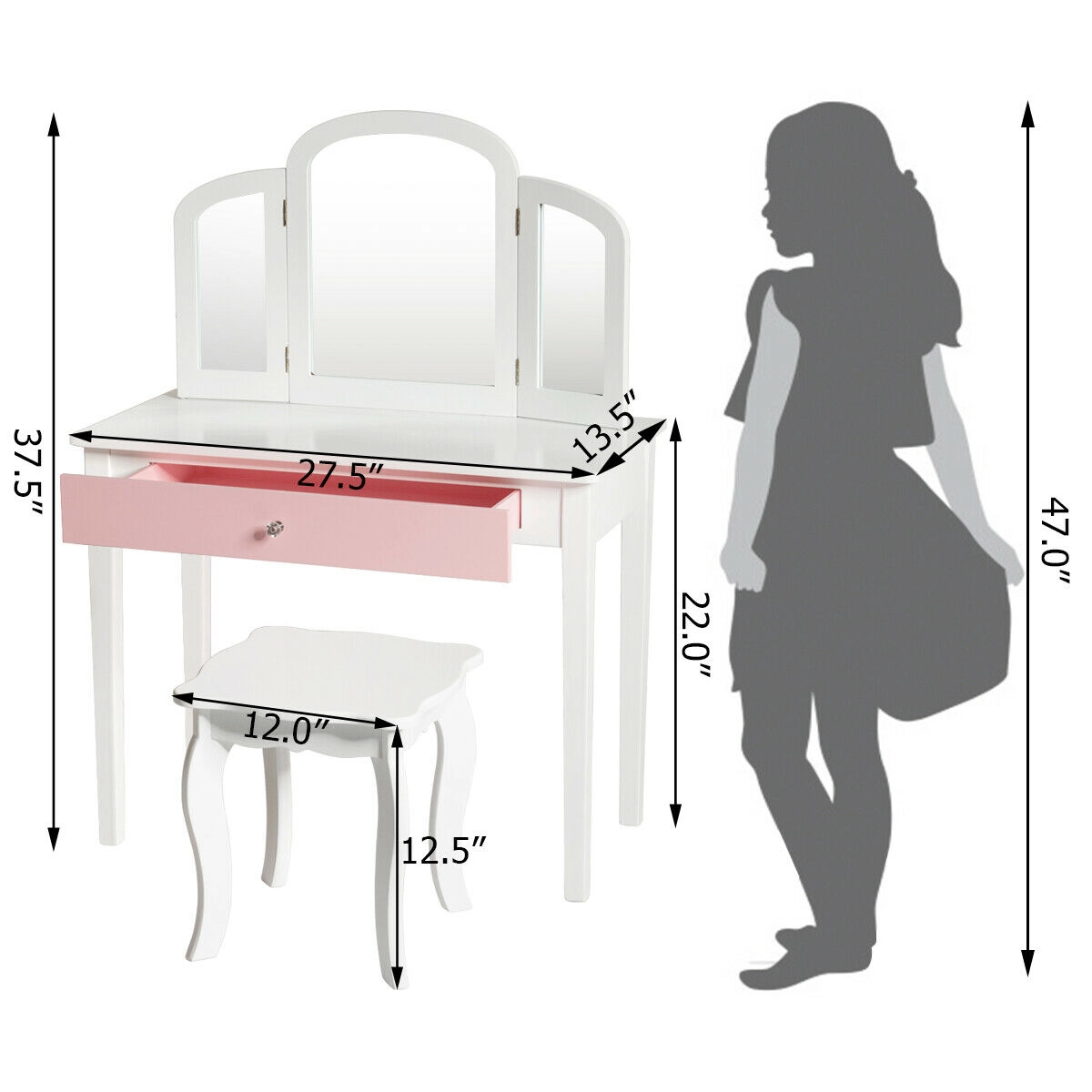 SUGIFT Kids Princess Vanity Set with Stool, Tri-Folding Detachable Mirror, Drawer and Pine Legs