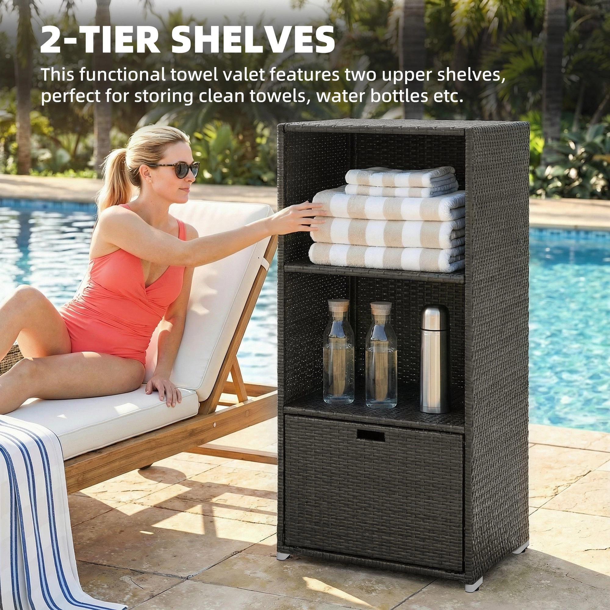 HONGGE Valet Pool Towel Rack, Water-Resistant PE Plastic Rattan Wicker Storage Organizer, 2 Shelves, 1 Basket Drawer