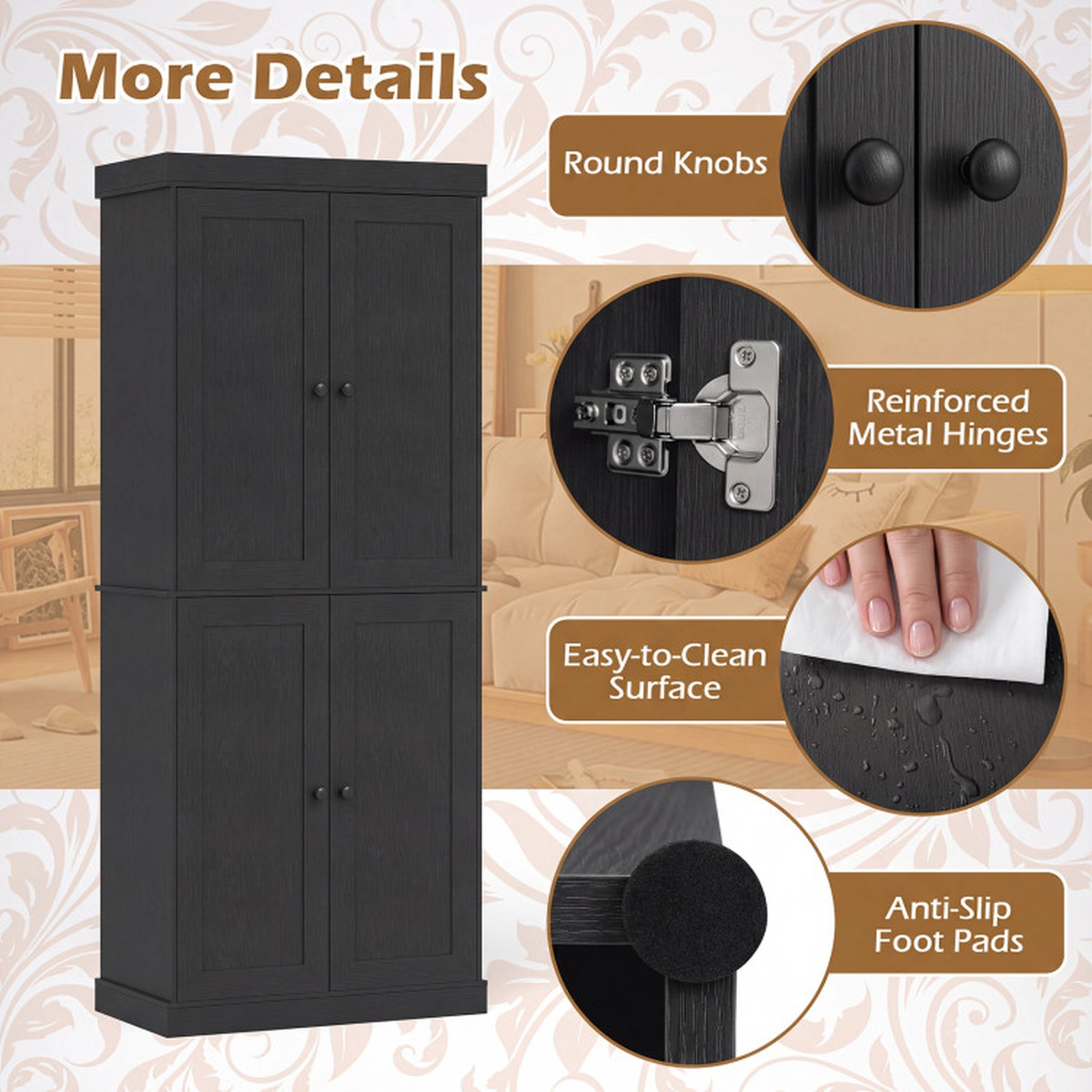 SUGIFT Four-Door Kitchen Pantry Cabinet with 2 Adjustable Shelves and Anti-Tipping Kits 22-lb Shelf Capacity Black