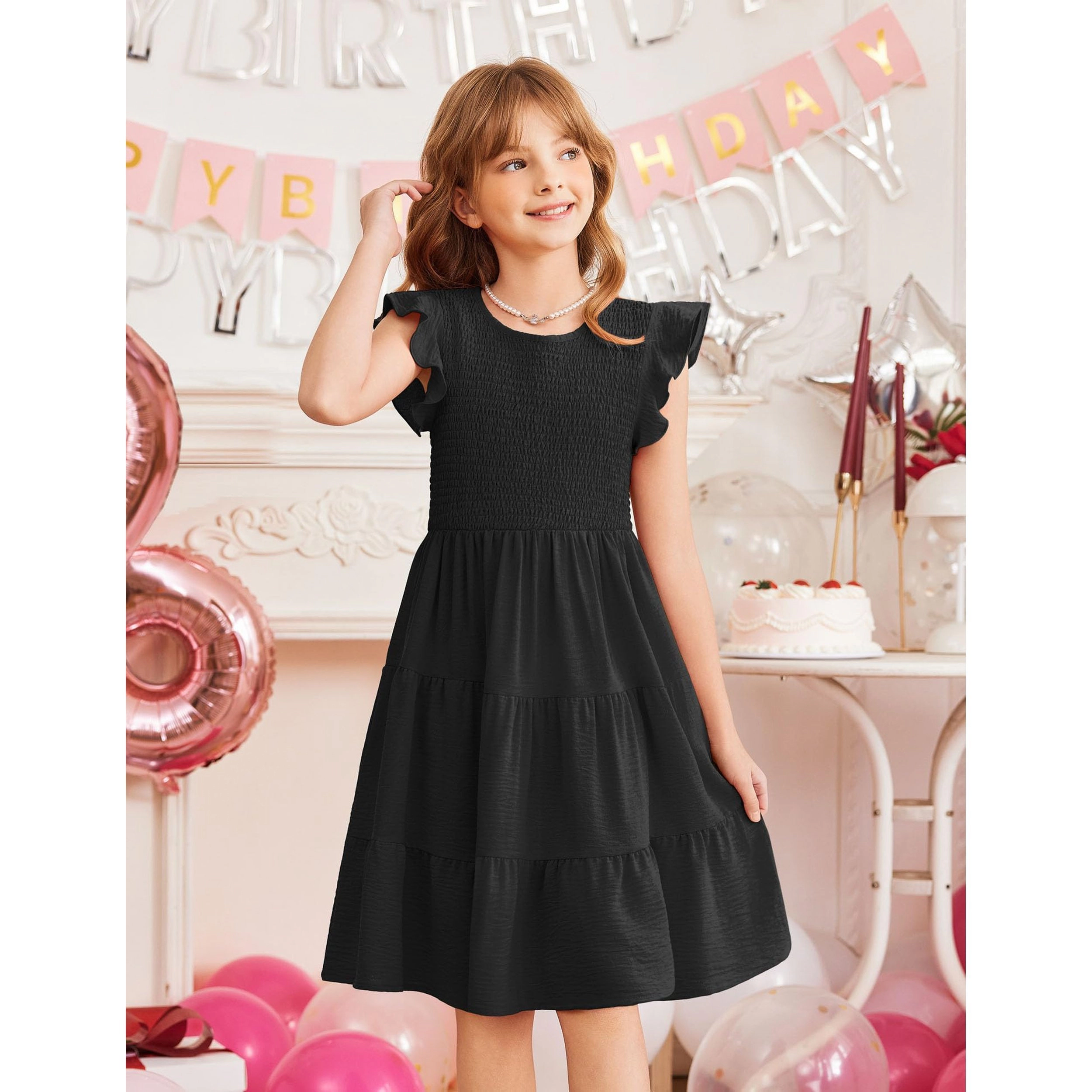 Arshiner Girls Summer Flutter Short Sleeve Sundress Smocked Elastic Waist Tiered Midi Dress