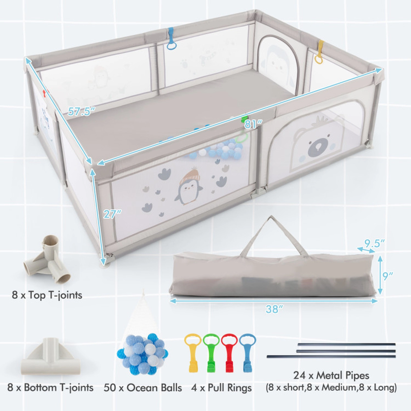 SUGIFT Baby Penguin Pattern Mesh 4 Pull Rings 50 Ocean Balls Large Playard 81-in x 57.5-in x 27-in Ages 0-3 Gray