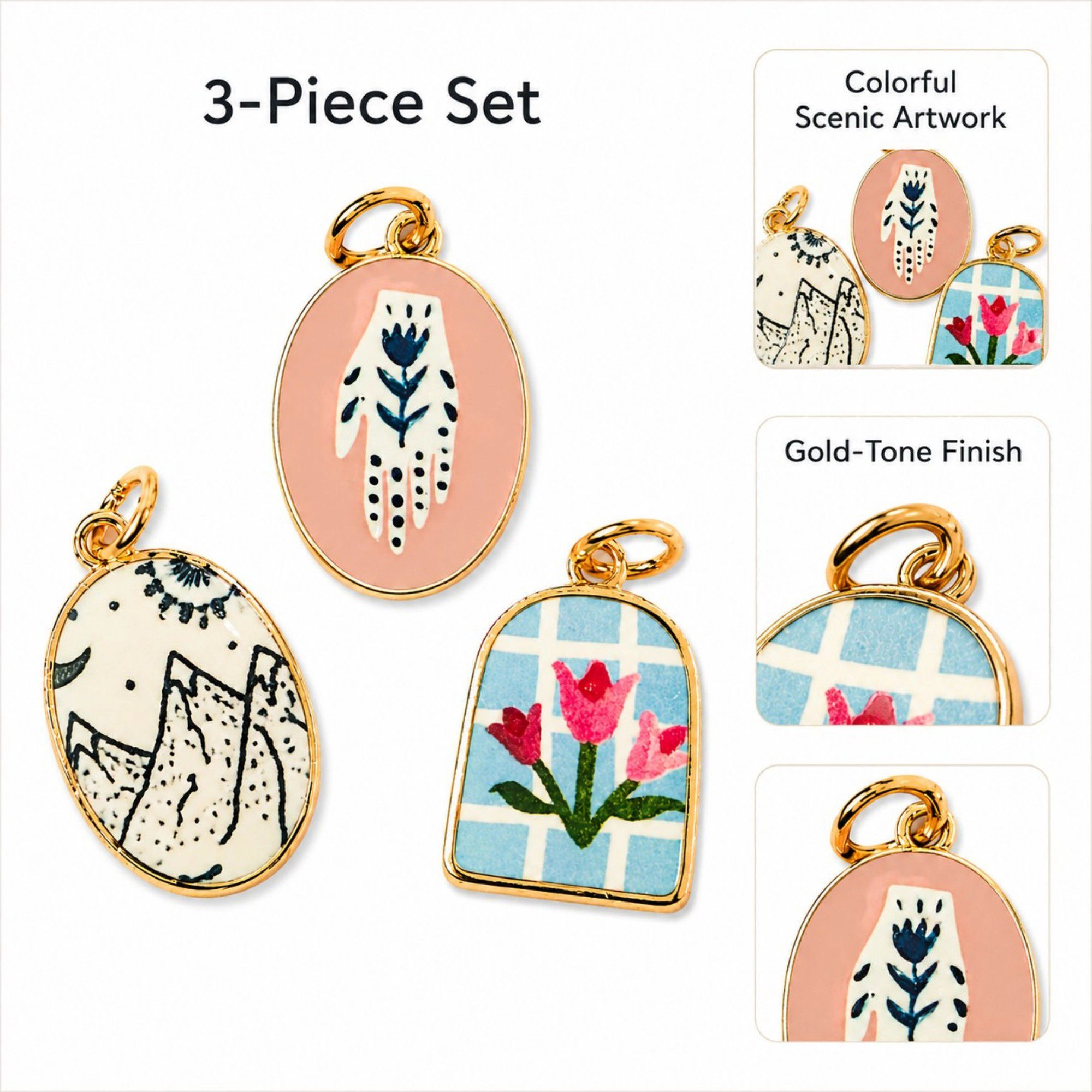 Alilang Women's 3pc Scenic Artwork Keychain Bag Charm Set with Gold Tone Trim for Bags and Keys