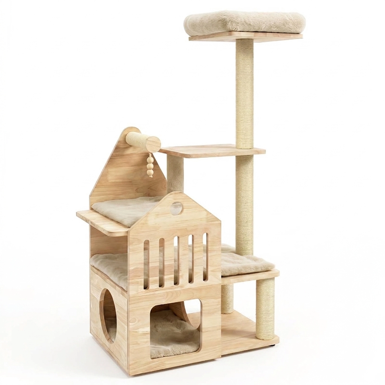 SUGIFT Beige Solid Wood Cat Tree with Padded Top Perch and Condo 23.5-in W 15.5-in D 48.5-in H 33-lb Per Layer