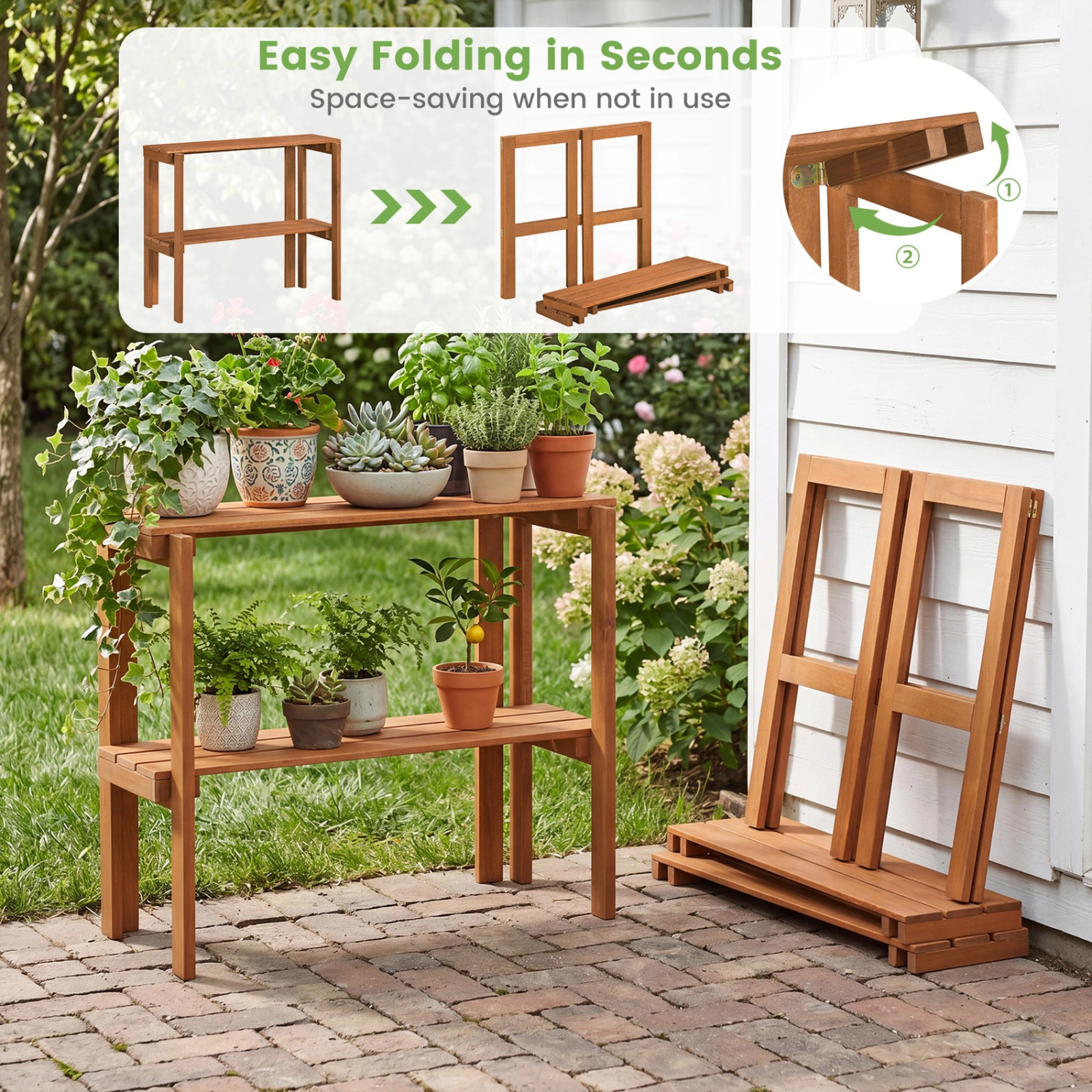 SUGIFT 2-Tier Folding Wooden Storage Shelves 22-lb Capacity per Shelf Plant Stand 29 x 13 x 24 in Natural