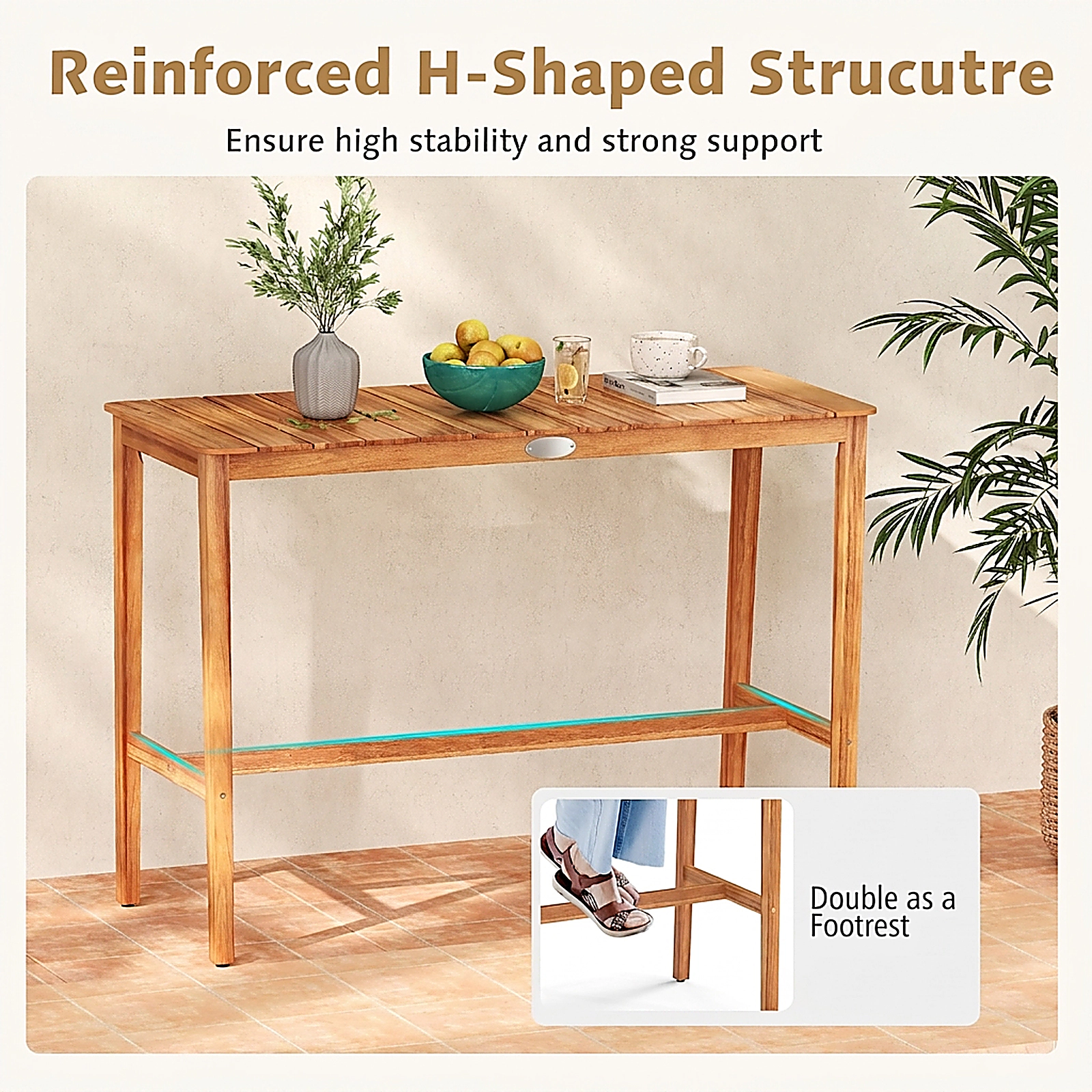 SUGIFT 54-Inch Natural Acacia Wood Outdoor Counter-Height Bar Table with Slatted Top and Footrest