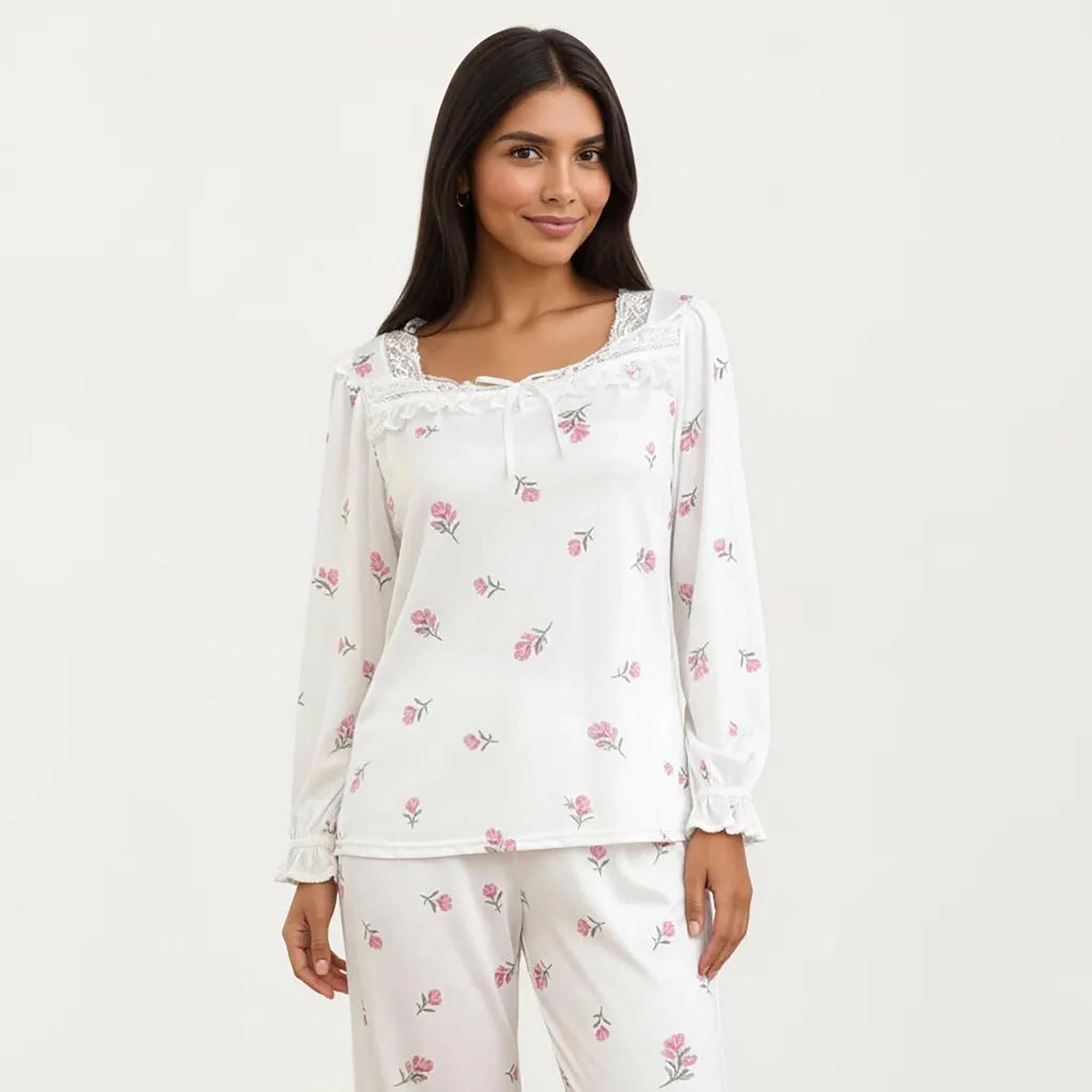 Anna-Kaci Women's 2-Piece Pajama Top with Lace Trim Tie Neck Detail and Relaxed Fit Pants Printed Sleepwear Set
