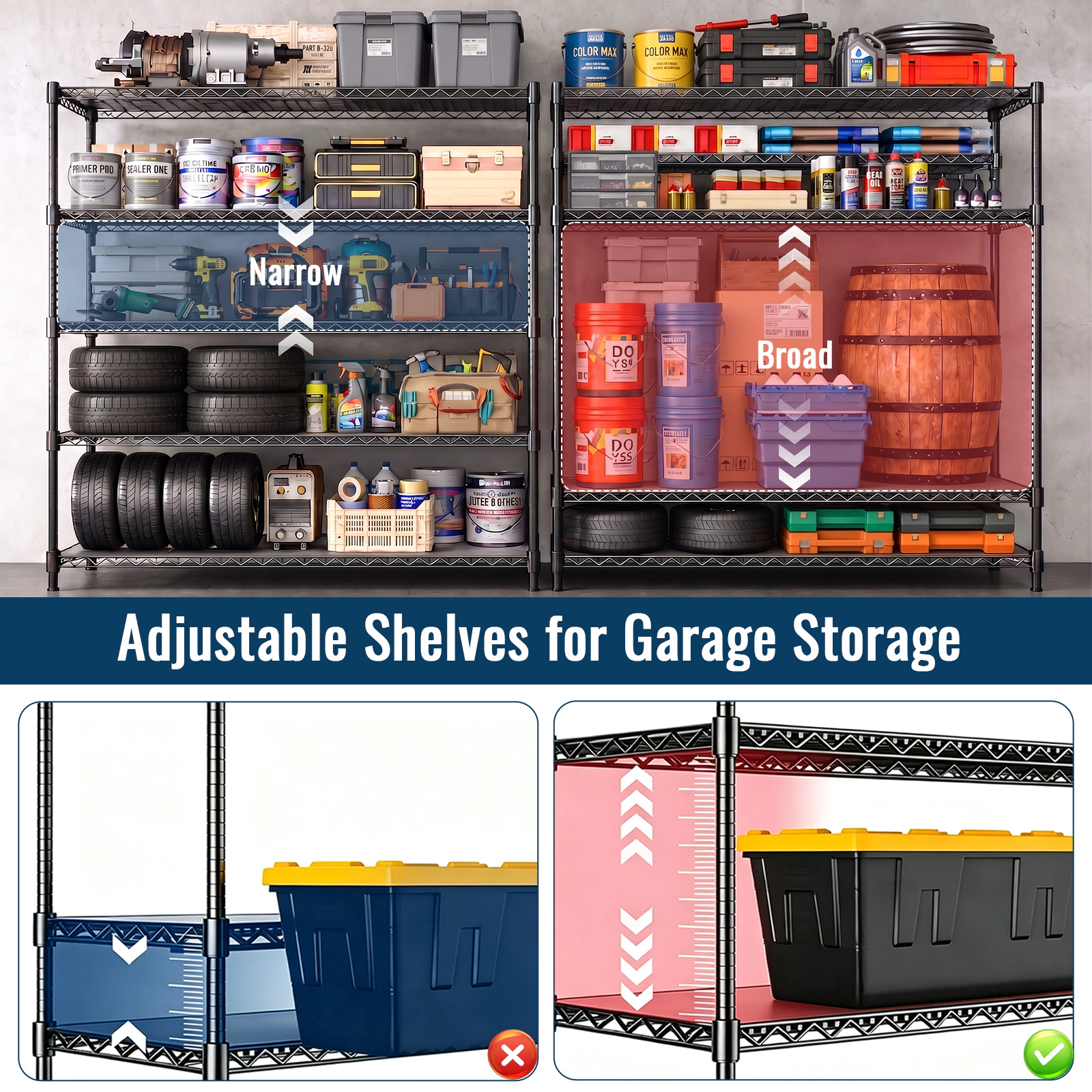 Flynama 5 Tier Wire Shelving 70.5H x 33.5W x 15.8D in 1500LBS Adjustable Garage Unit in Black