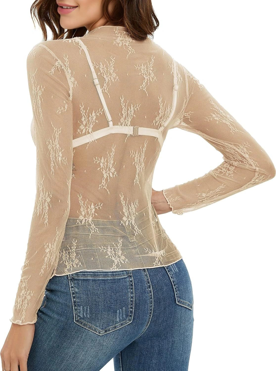 Enchanted Funland Women Lace Long Sleeve Sheer Blouse Feminine Layering Top