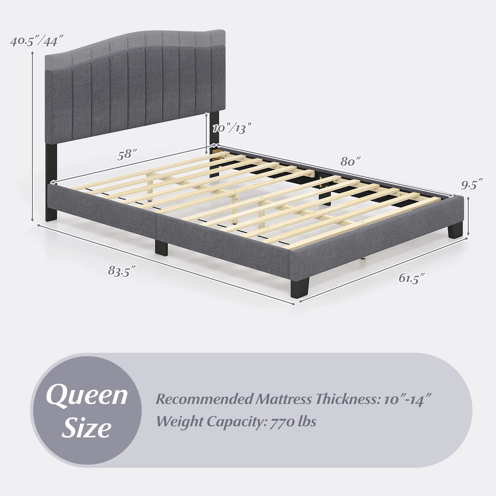 SUGIFT Modern Upholstered Queen Bed Frame with Adjustable Vertical Channel Tufted Headboard 770-lb Capacity Gray + Black