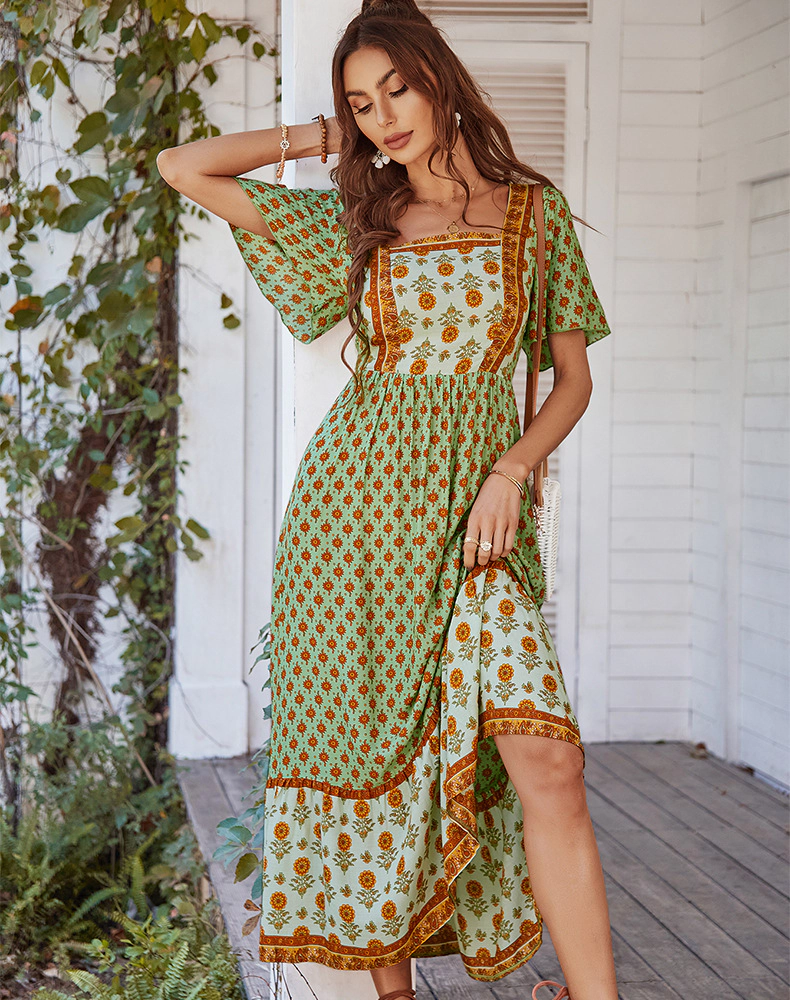 KOJOOIN Women's Boho Floral Maxi Dress Square Neck Puff Short Sleeve Ruffle Flowy Summer Beach