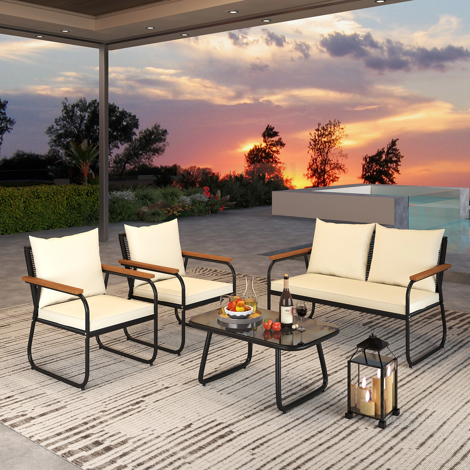 LJG 4 Pieces Patio Furniture Set with Tempered Glass Coffee Table