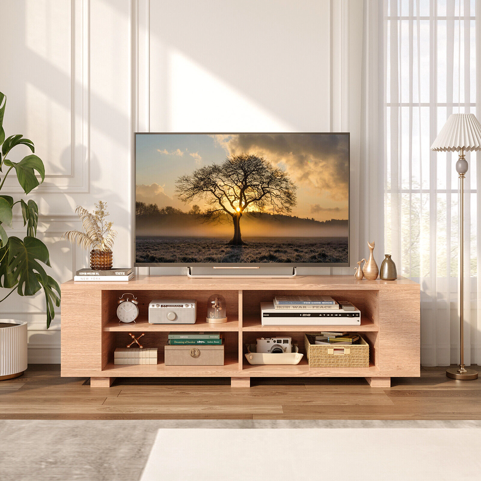 SUGIFT 59 in TV Stand Natural Wood Storage Console Entertainment Center for 65 in TVs