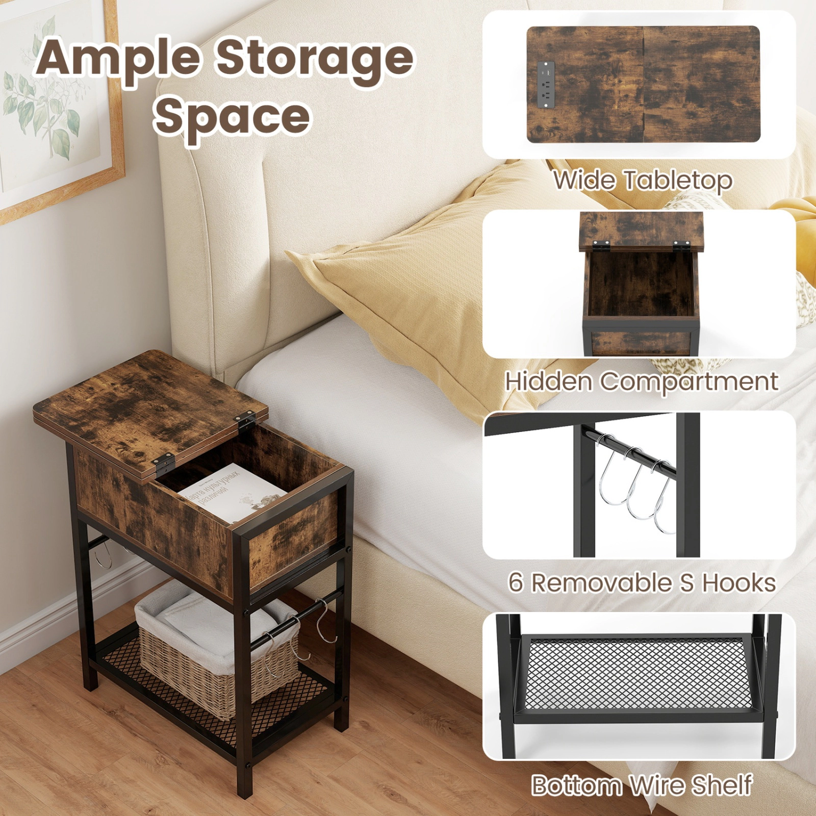 SUGIFT Set of 2 End Tables with Charging Station Hidden Compartment 66-Lb Tabletop Rustic Brown & Black