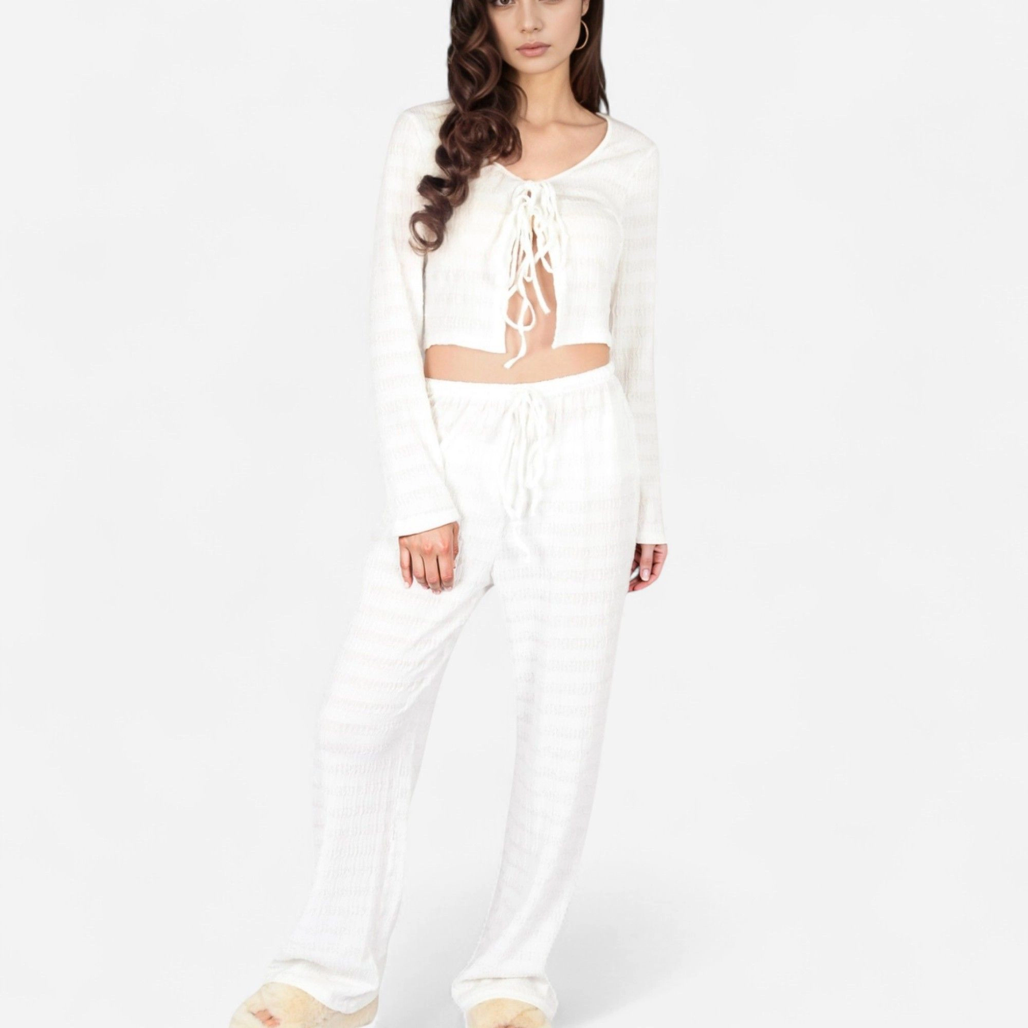 Anna-Kaci Women's Long Sleeve Waffle Knit Sleepwear Set with Front Tie Crop Top and Drawstring Lounge Pants