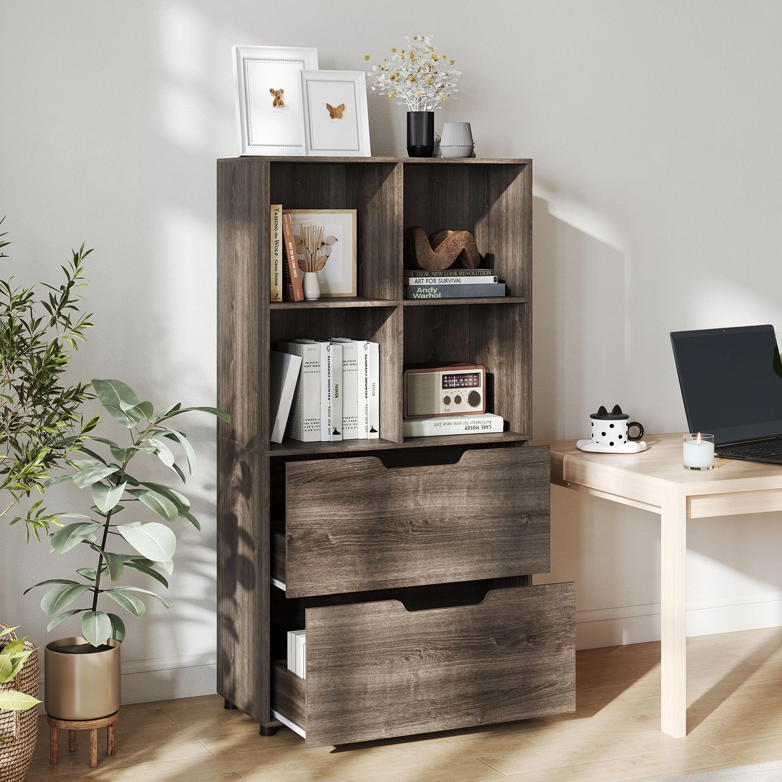 SlickBlue 51 Inch Bookcase with Drawers and Open Cube Storage Shelves