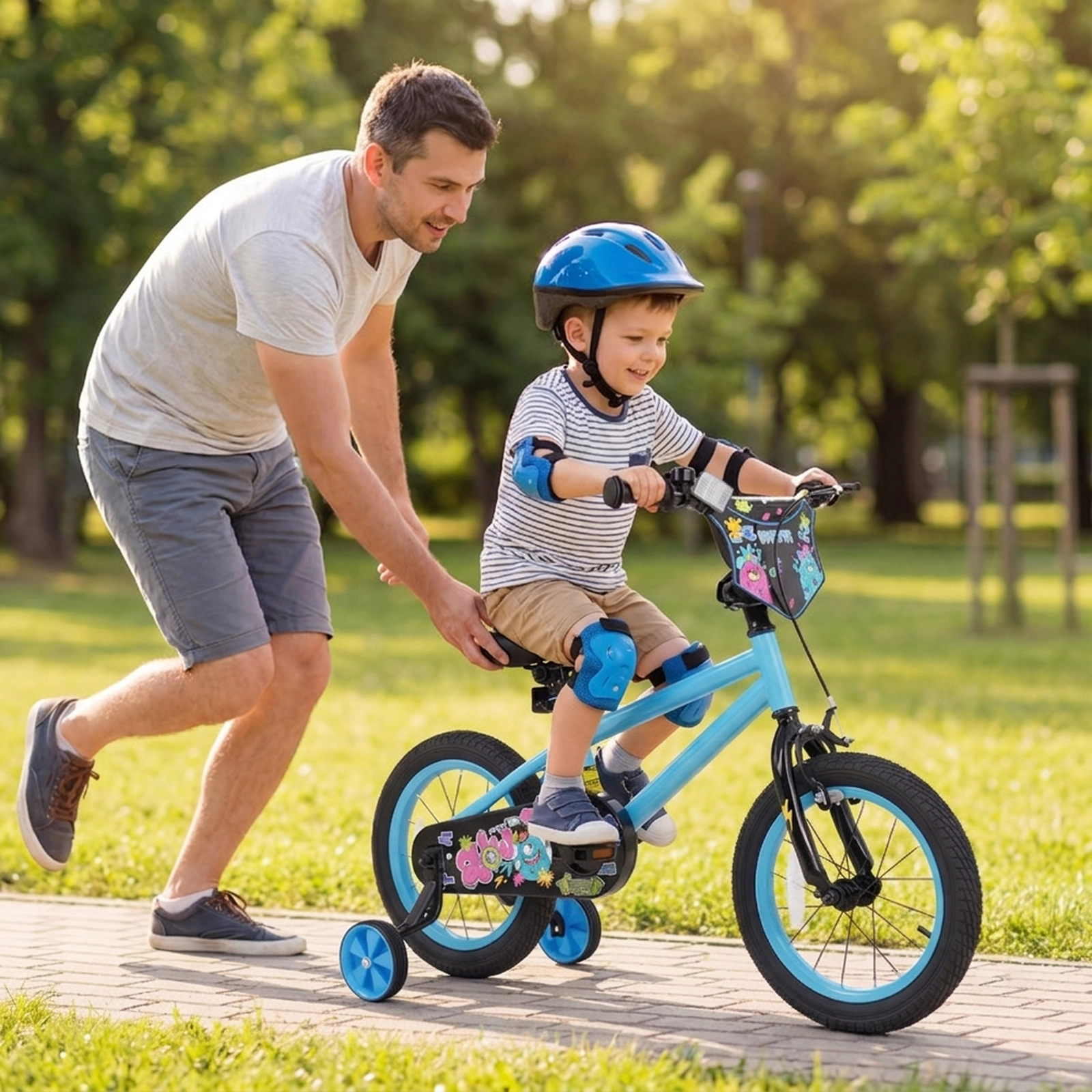 SUGIFT Blue Training Wheels Number Plate and Adjustable Seat Kids Bike