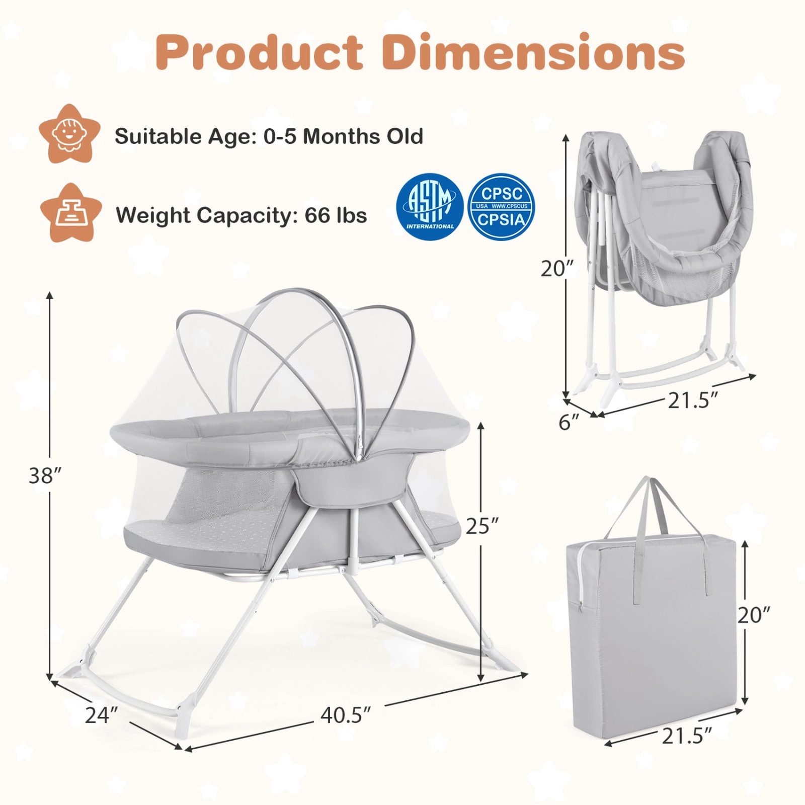 SUGIFT 2-in-1 Rocking & Stationary Bassinet Foldable Bedside Sleeper 66-lb Capacity Ages 0-5 Months Black/Gray/Beige