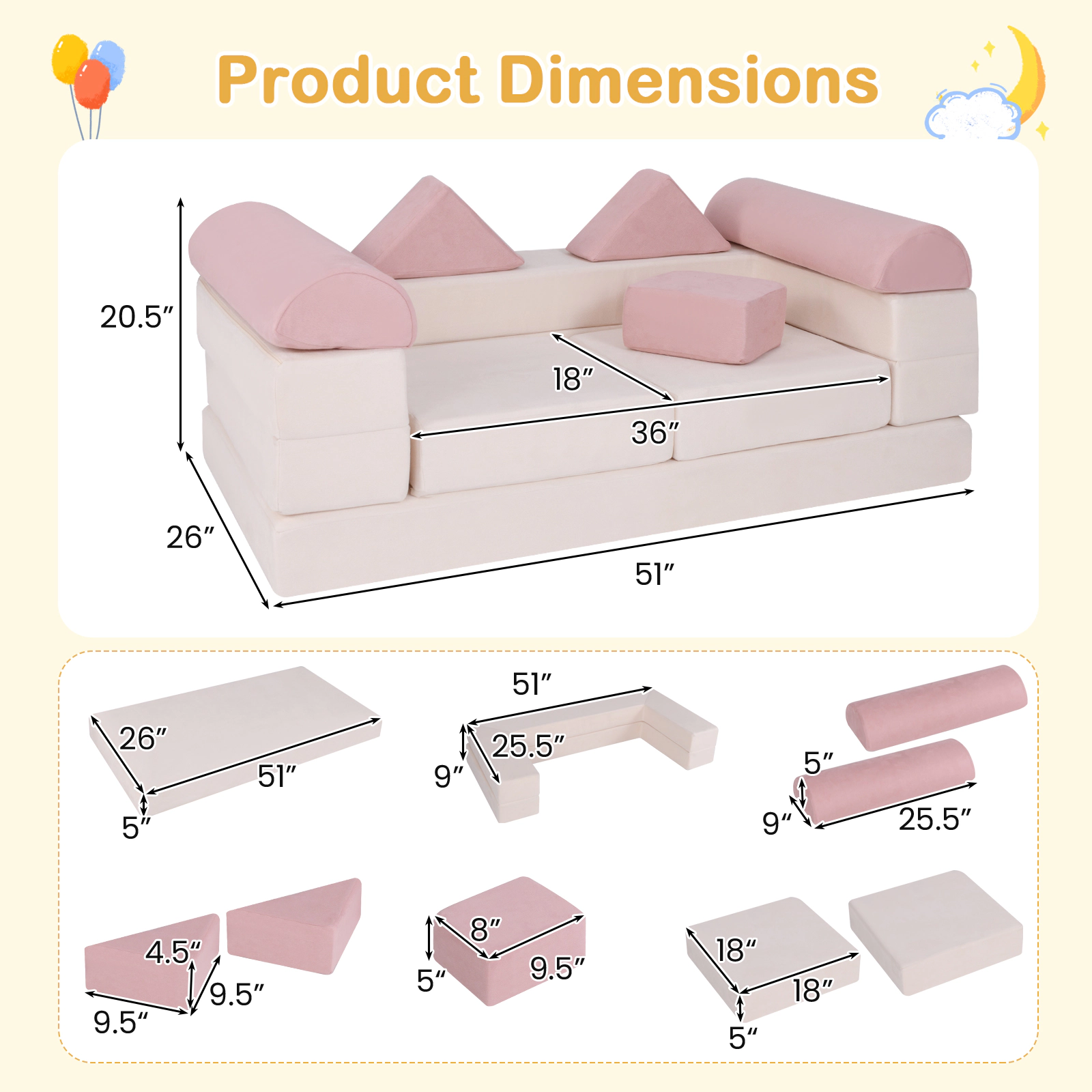 SUGIFT 9-Piece Foam Climbing Blocks Toddler Soft Play Set, Pink