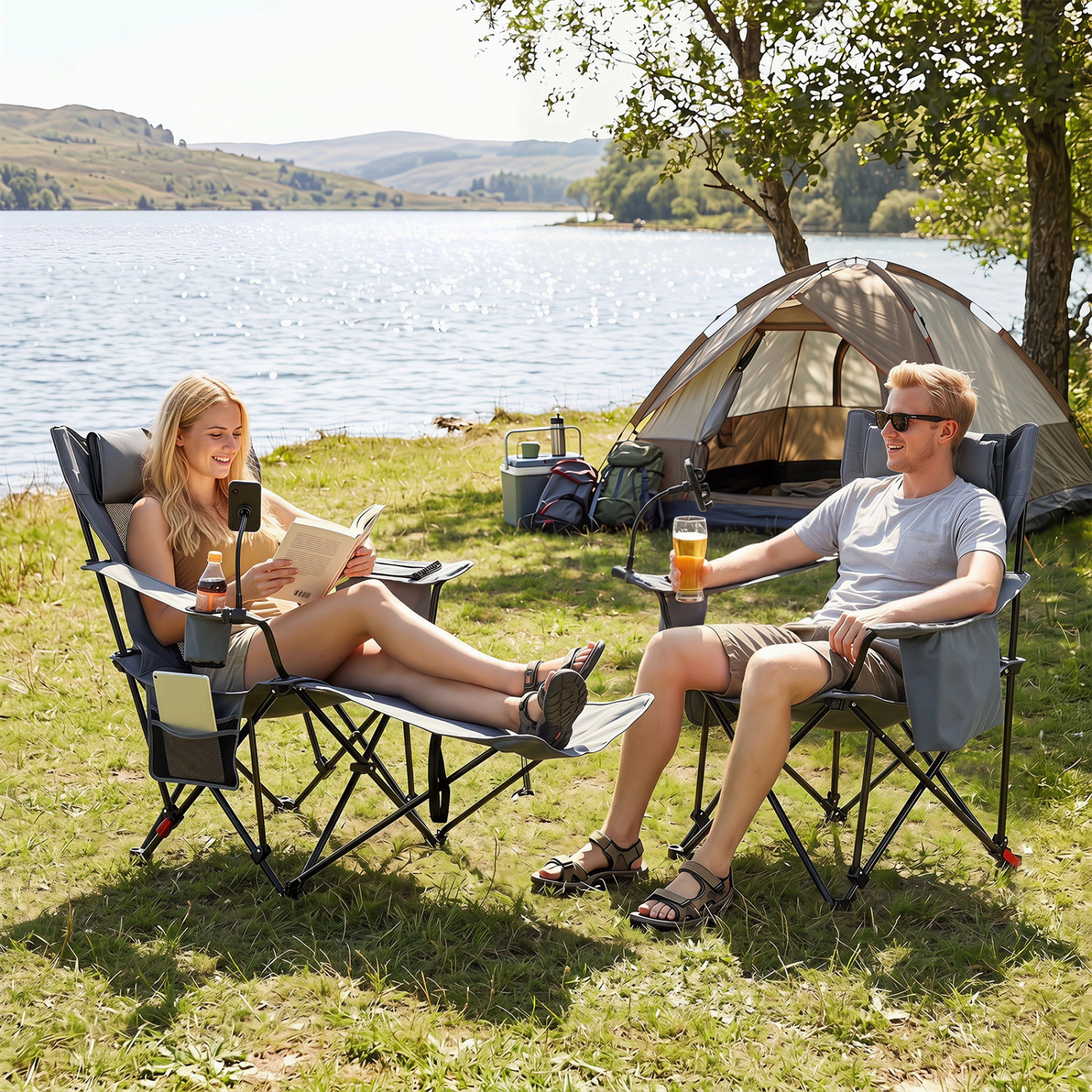 LJG 2-in-1 Reclining Camping Chair with 3-Level Adjustable Backrest