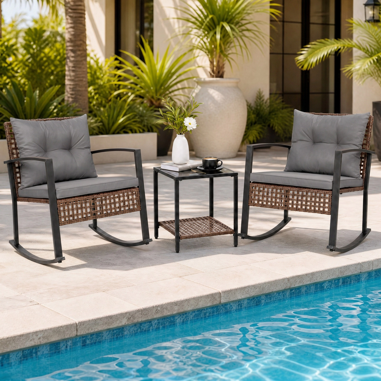 SUGIFT Outdoor Rocking Chair and Coffee Table Patio Dining Set 400-lb Chair Capacity Mixed Brown with Gray Cushions