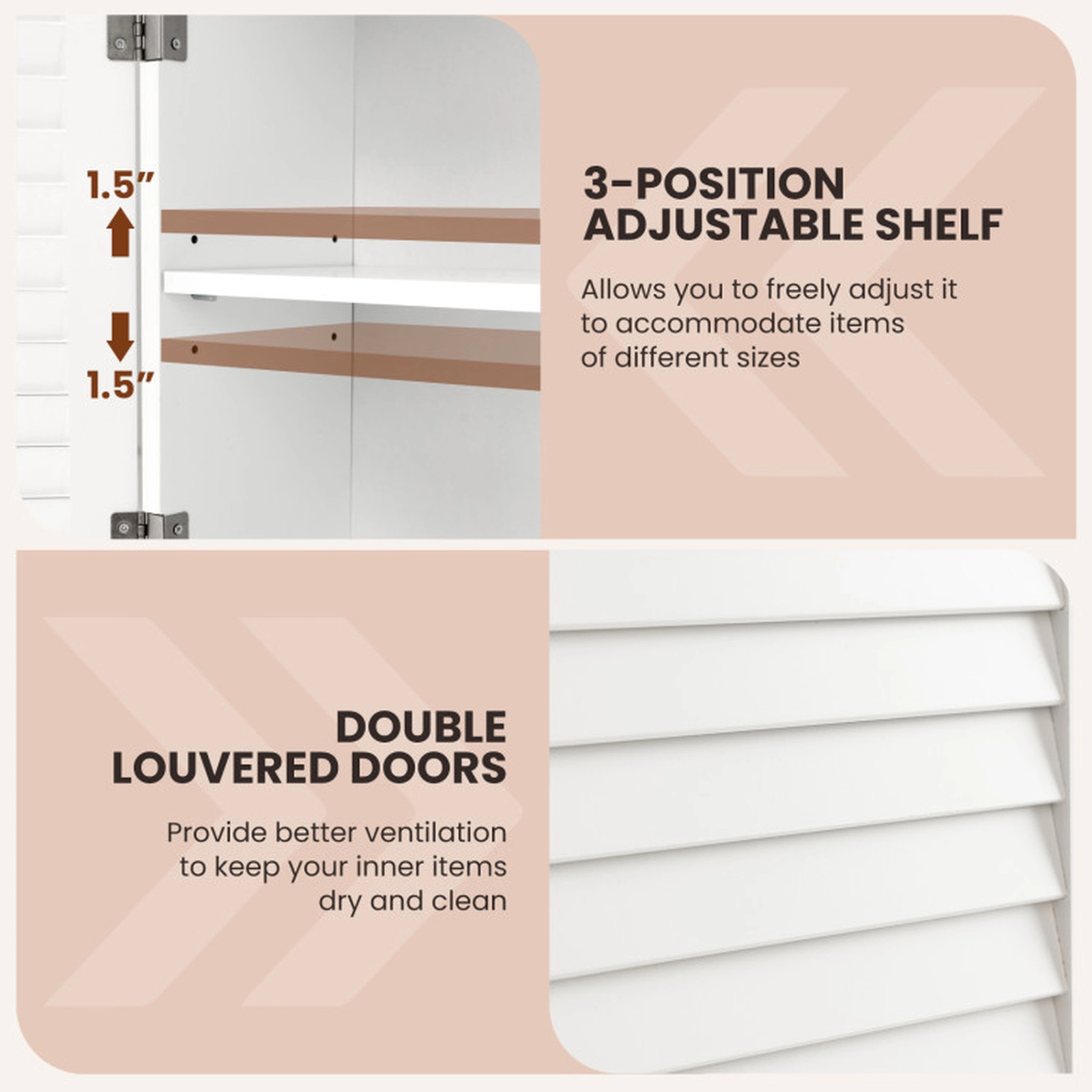 SUGIFT 2 Louvered Doors Towel Bar 3-Position Shelf MDF Bathroom Medicine Cabinet 23-in x 9-in x 30-in 22-lb White